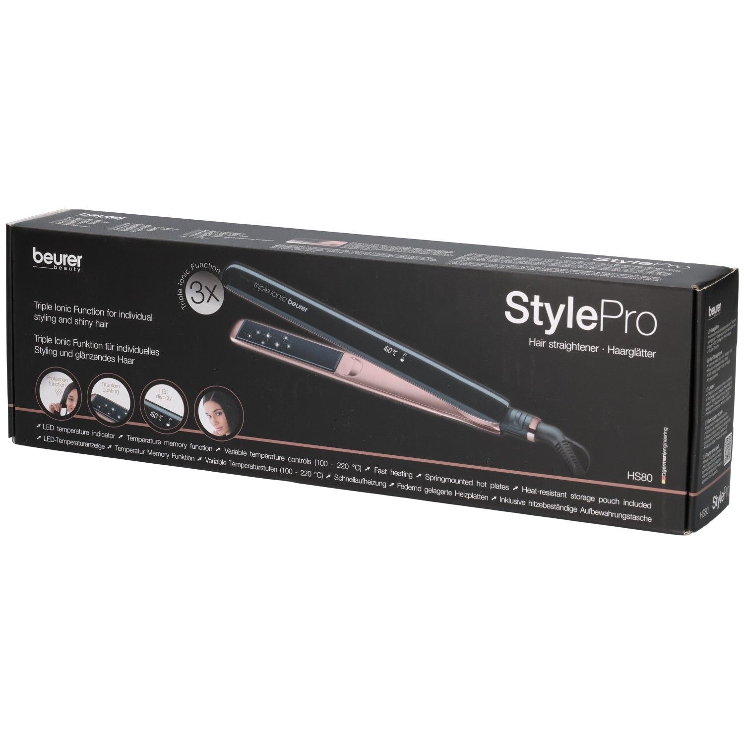 Lisseur Beurer StylePro en boîte. Noir et or rose. Fonction Triple Ionic.