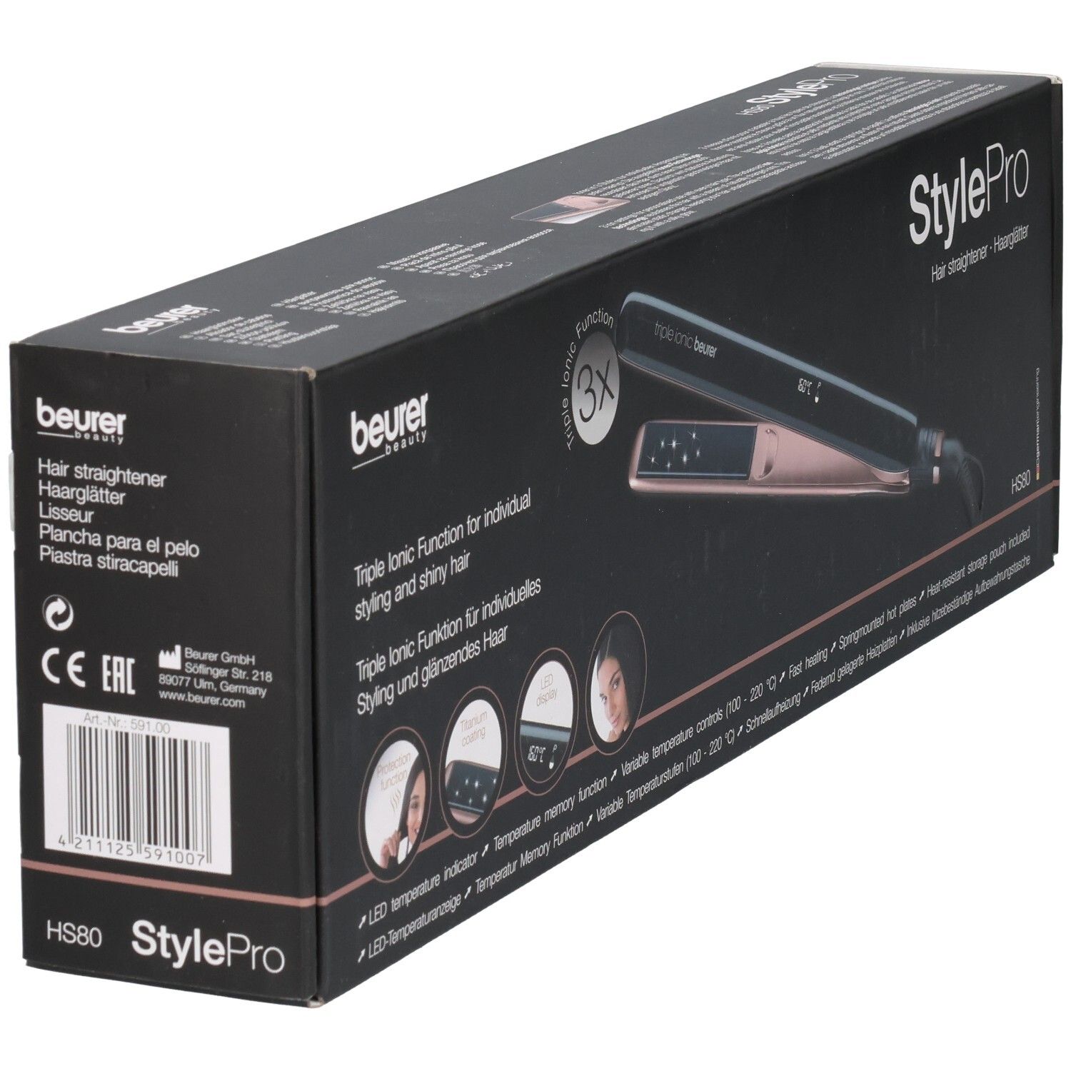 Lisseur Beurer StylePro en boîte. Noir et or rose. Fonction Triple Ionic.
