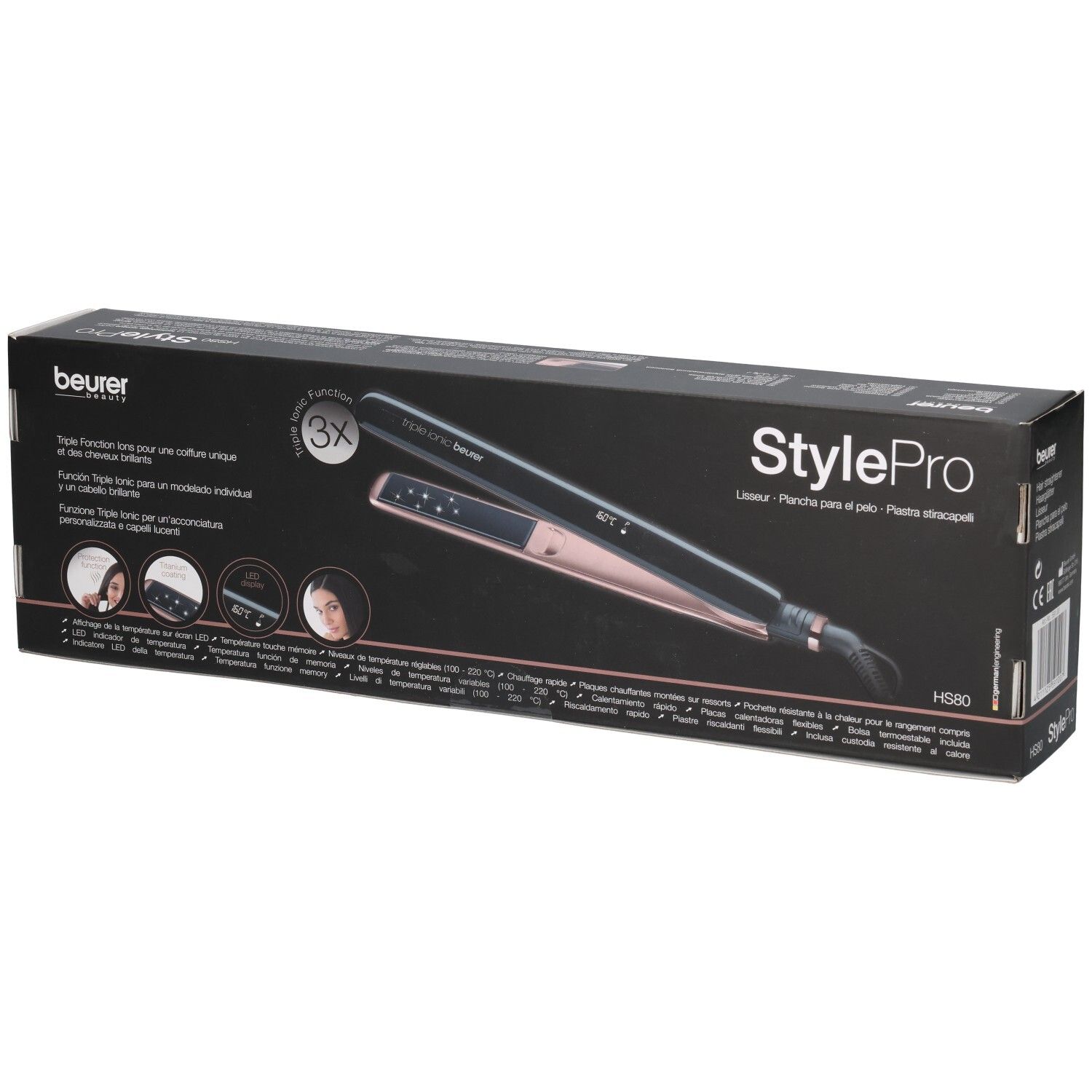 Lisseur Beurer StylePro en boîte. Noir et or rose. Fonction Triple Ionic.