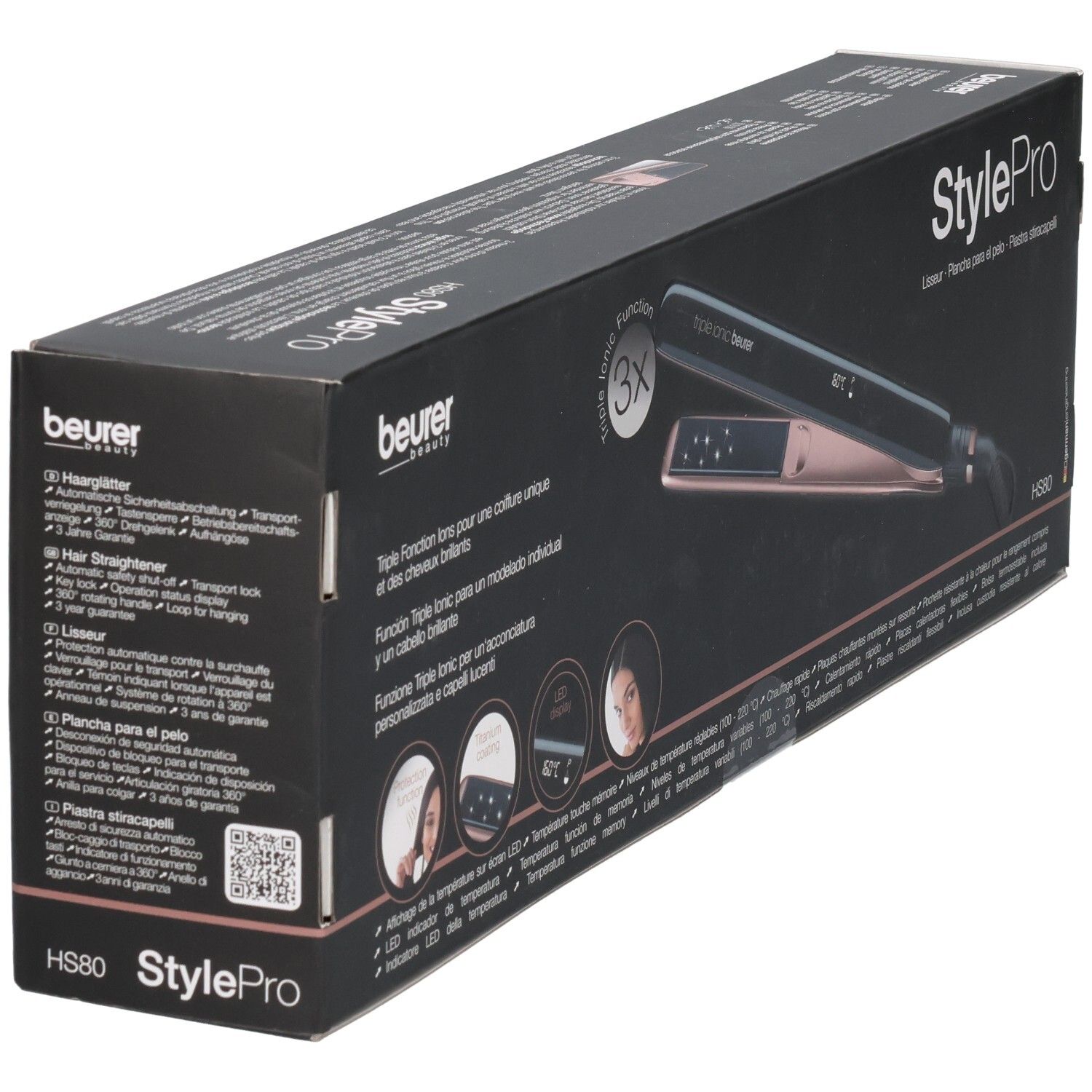 Lisseur Beurer StylePro en boîte. Noir et or rose. Fonction Triple Ionic.
