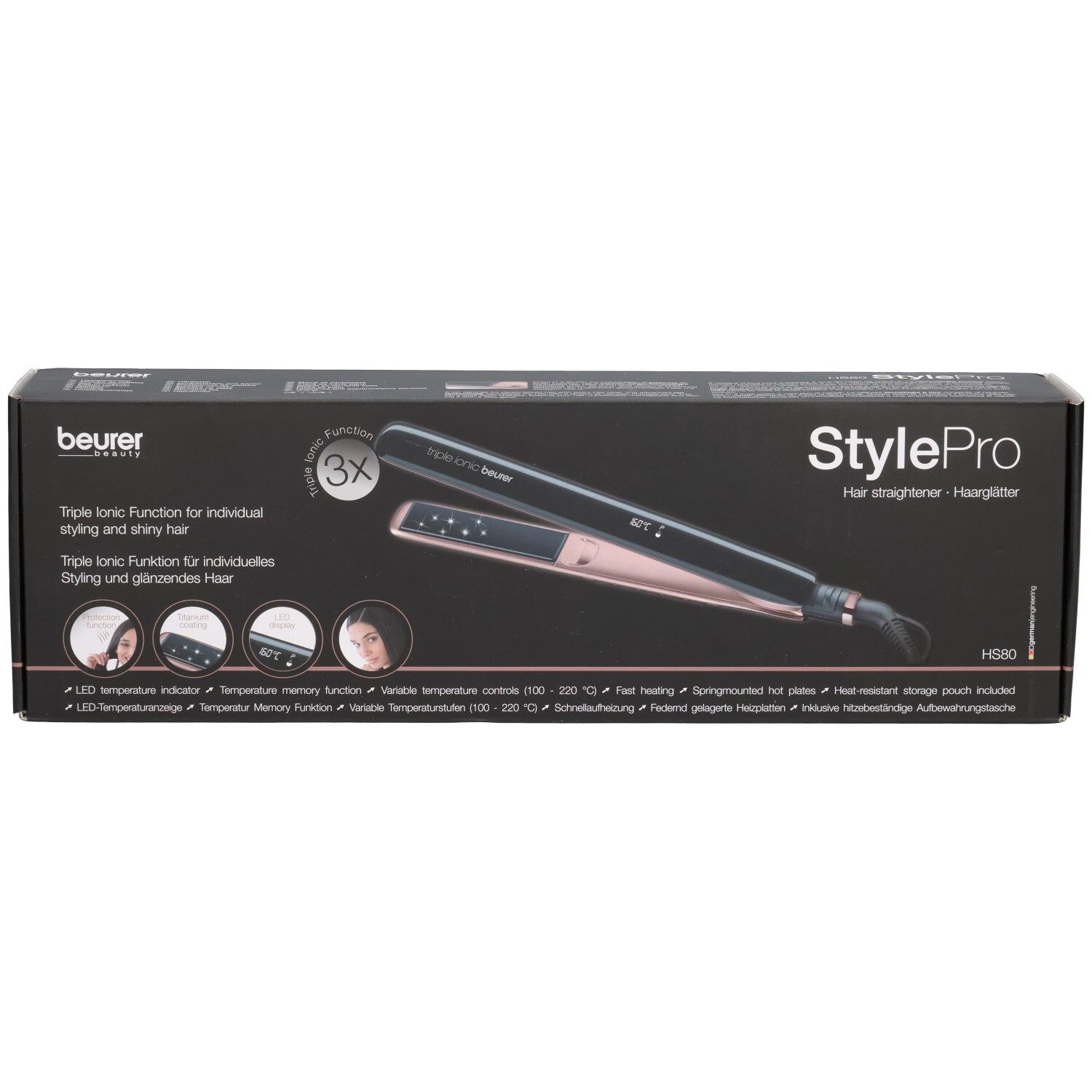 Lisseur Beurer StylePro en boîte. Noir et or rose. Fonction Triple Ionic.