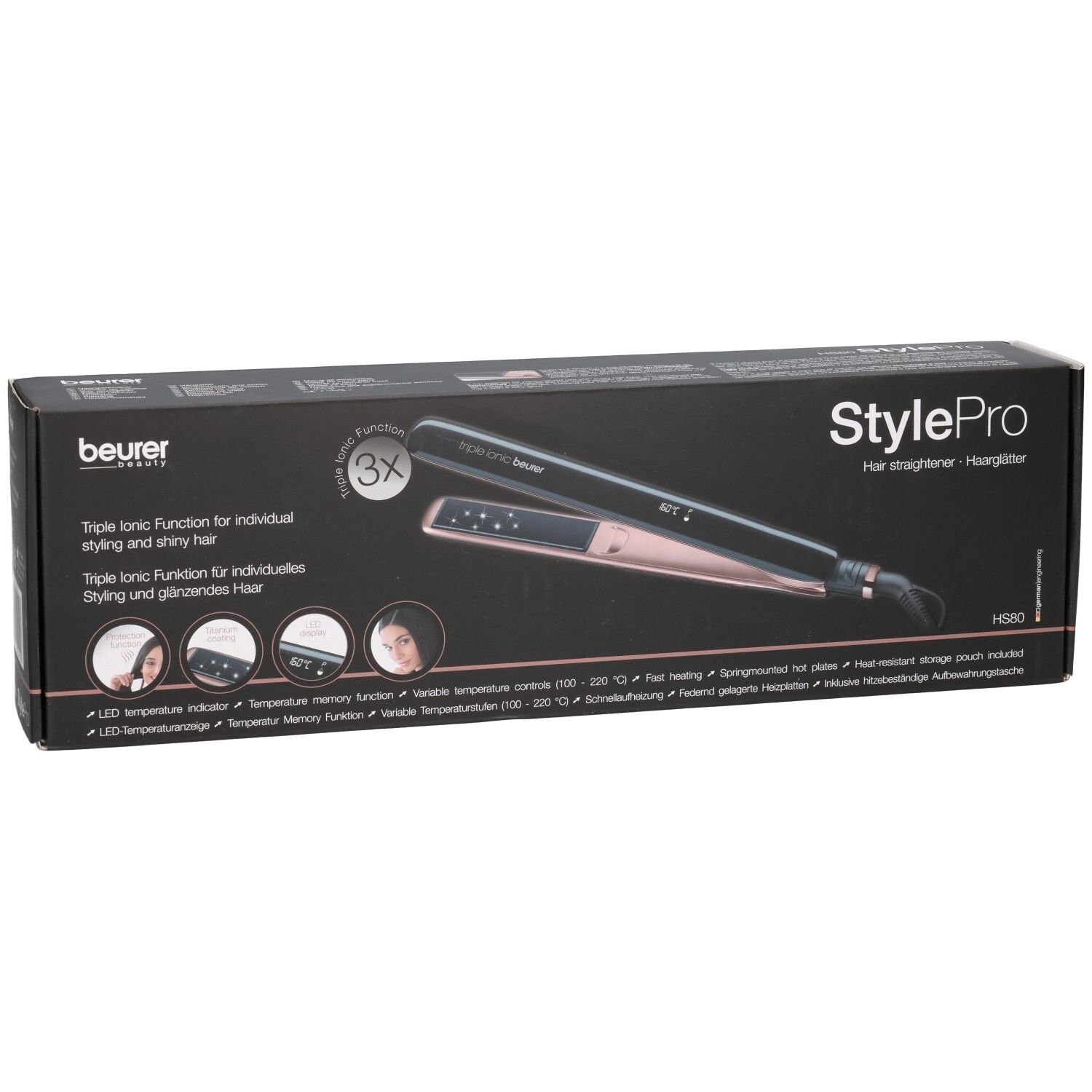 Lisseur Beurer StylePro en boîte. Noir et or rose. Fonction Triple Ionic.