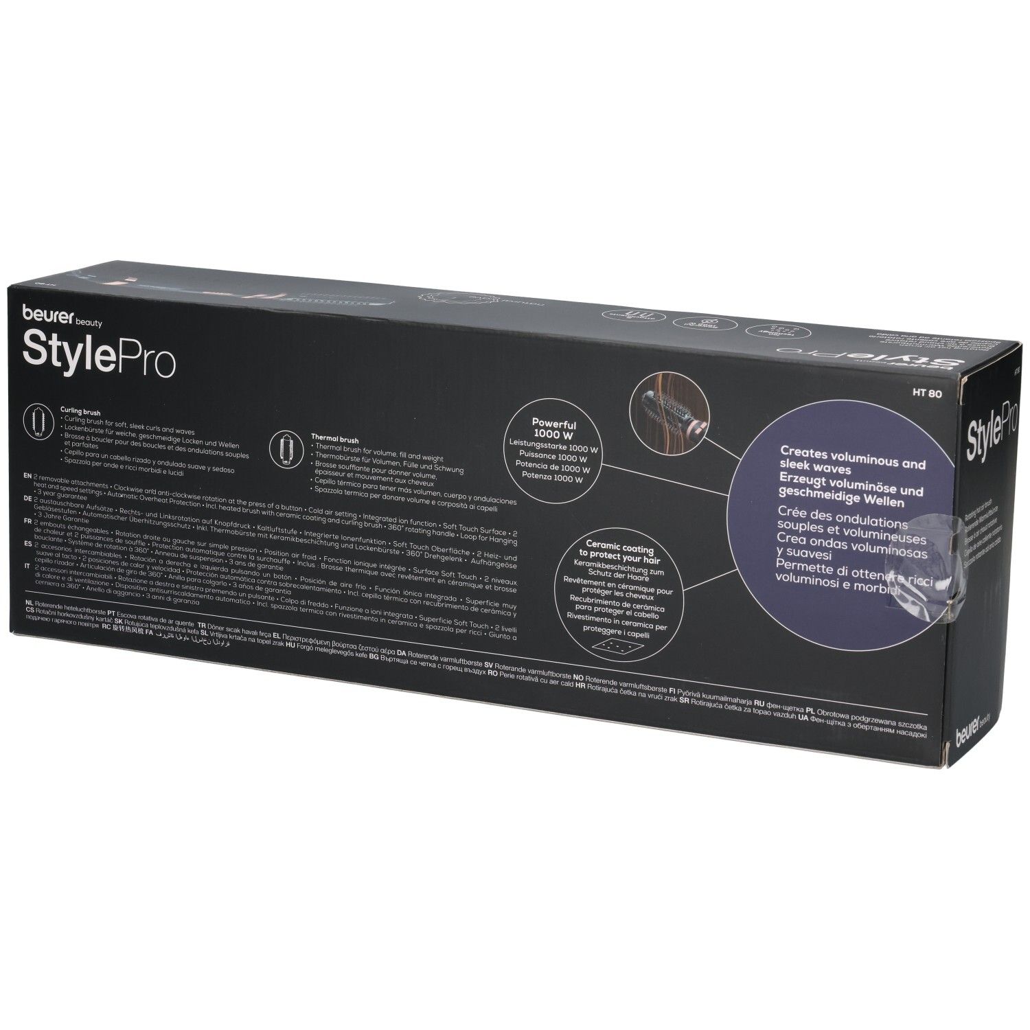 Dos de l'emballage Beurer StylePro. Informations textuelles, caractéristiques du produit et spécifications. Fond noir.