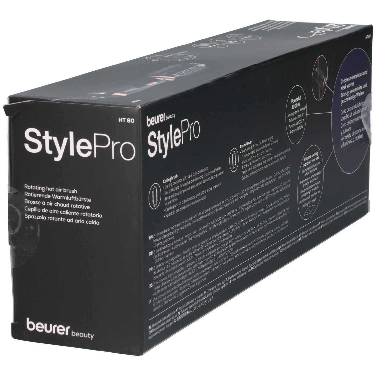 Emballage Beurer StylePro. Nom du produit, numéro de modèle et caractéristiques du produit. Fond noir.