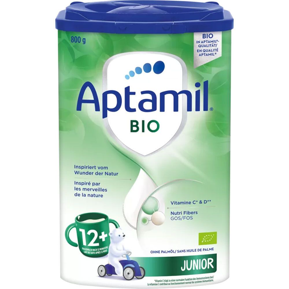 Aptamil Bio Junior lait infantile. Boîte avec couvercle, vert et bleu. Inscriptions: BIO, 12+, Junior, 800g.