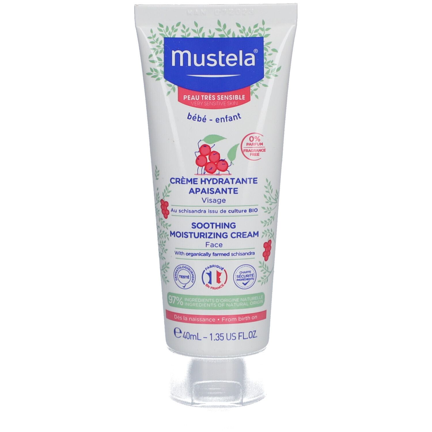 Weiße Tube mit blauem Logo und roter Schrift. Enthält Creme. Text: Crème Hydratante Apaisante, Soothing Moisturizing Cream. 40ml.