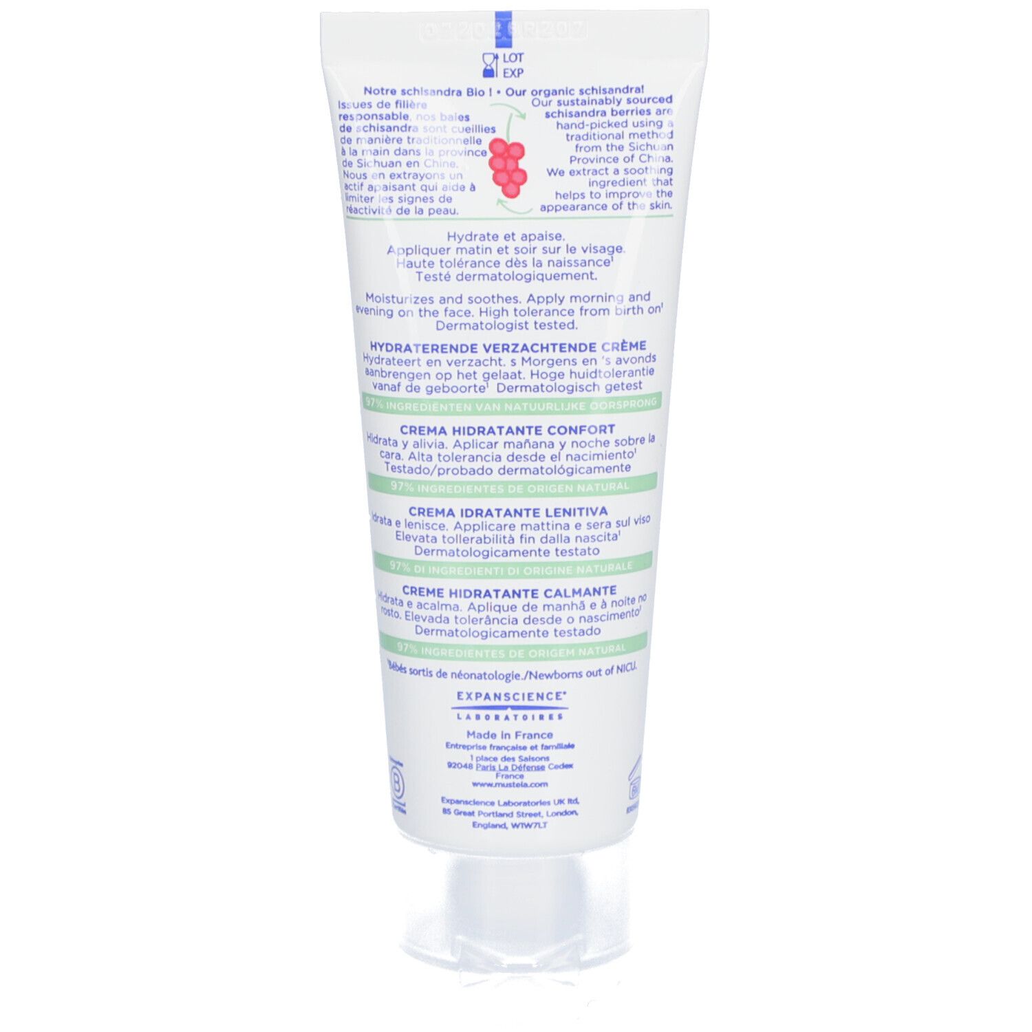 Rückseite einer weißen Tube. Text in mehreren Sprachen. Enthält Informationen über die Creme. Hersteller: Expanscience Laboratoires.