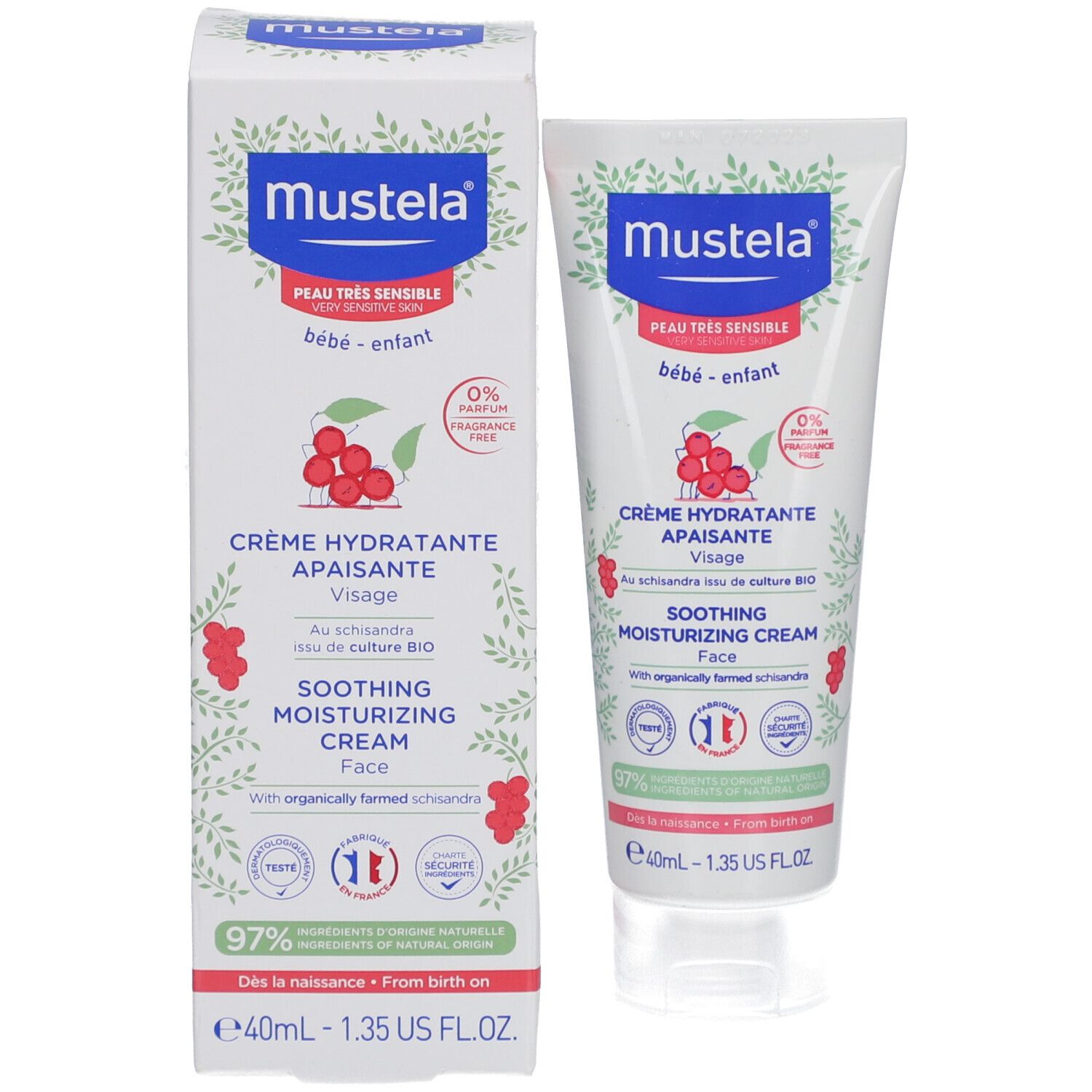Produktverpackung mit Tube und Karton. Tube: weiß, blaues Logo, rote Schrift. Karton: weiß, blaues Logo, rote Schrift. Creme.