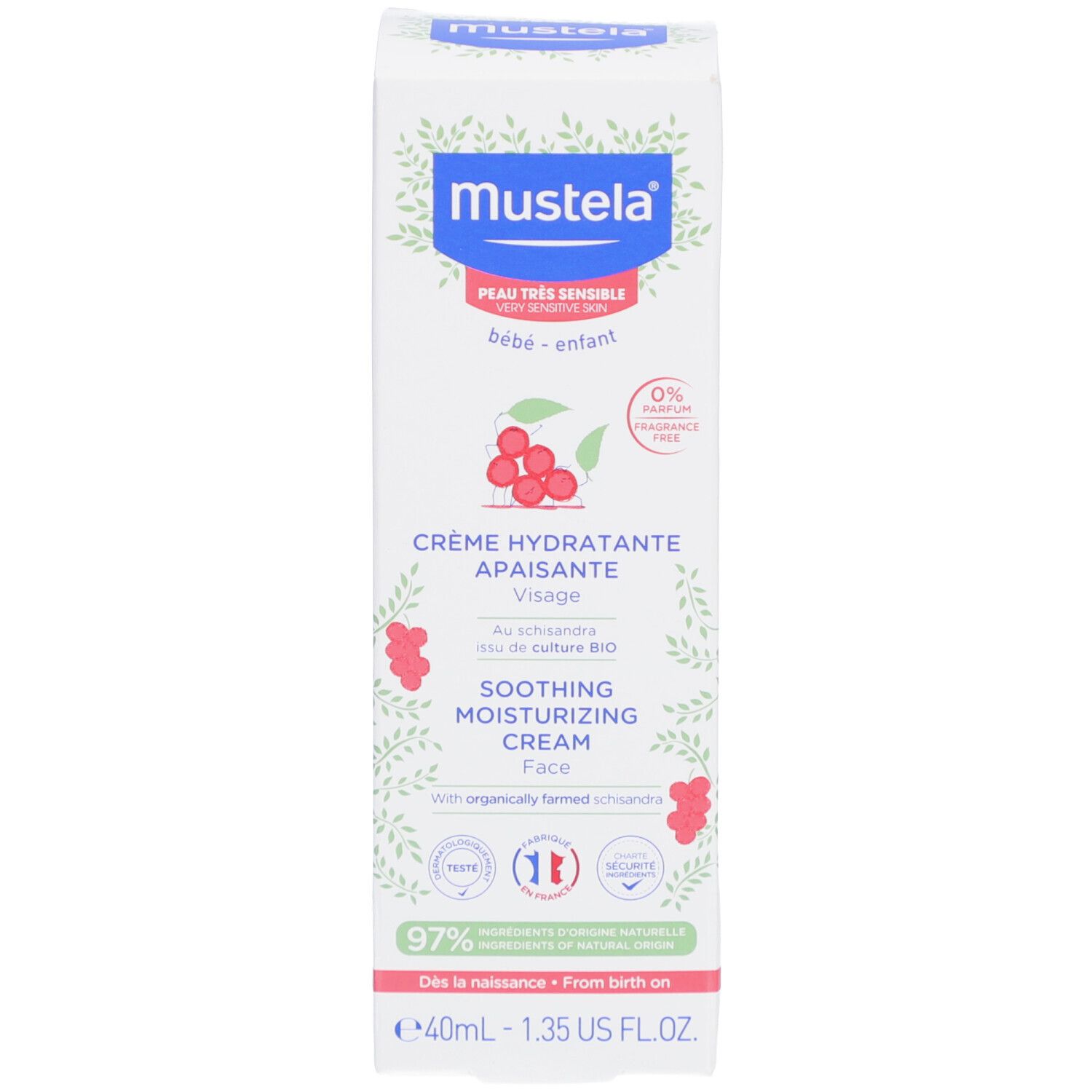 Weißer Karton mit blauem Logo und roter Schrift. Enthält Creme. Text: Crème Hydratante Apaisante, Soothing Moisturizing Cream. 40ml.