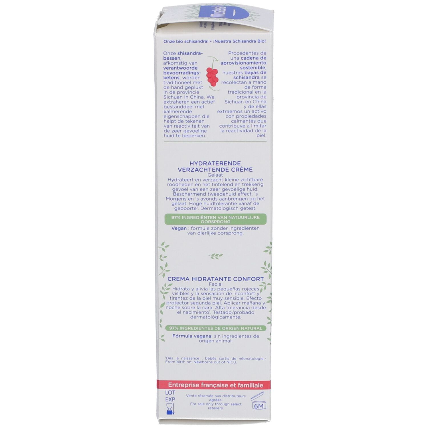 Rückseite eines weißen Kartons. Text in mehreren Sprachen. Enthält Informationen über die Creme. Hersteller: Expanscience Laboratoires.