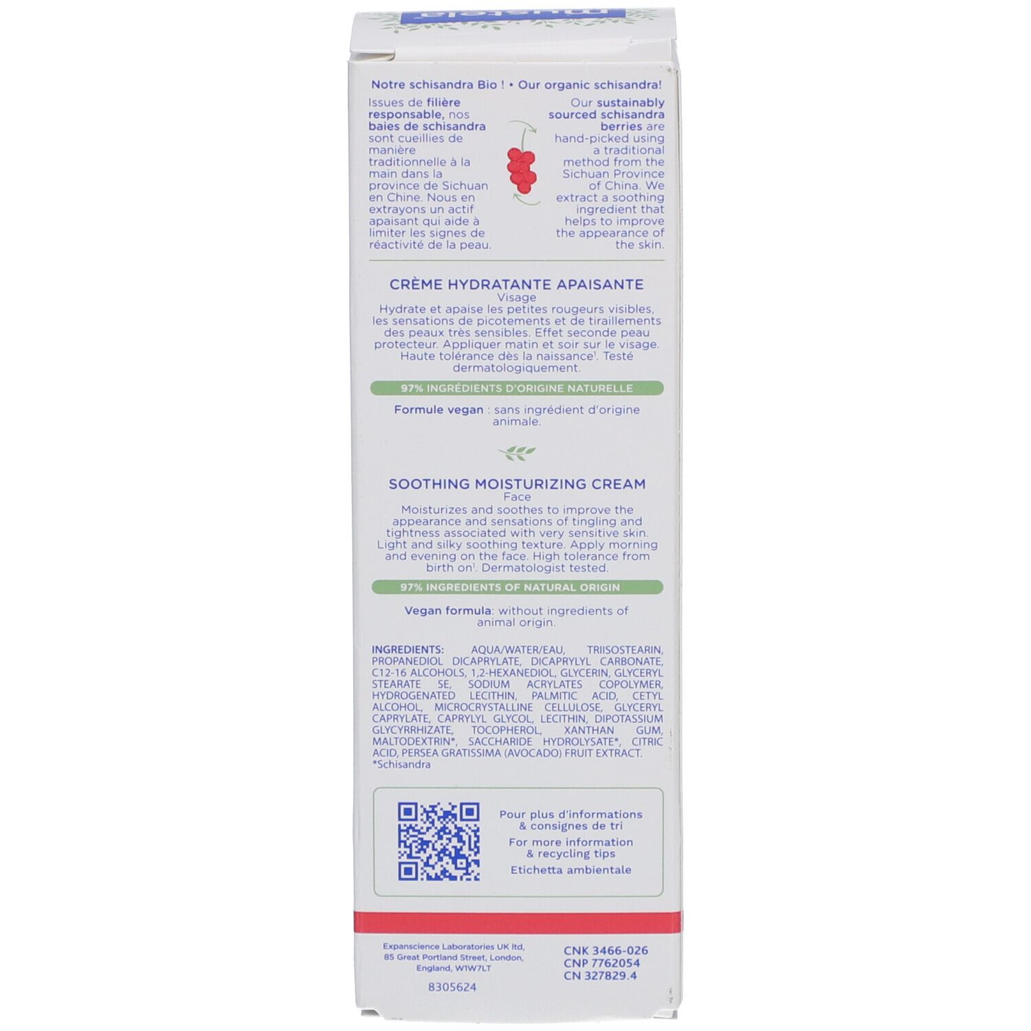 Rückseite eines weißen Kartons. Text in mehreren Sprachen. Enthält Informationen über die Creme. Inhaltsstoffe und QR-Code.