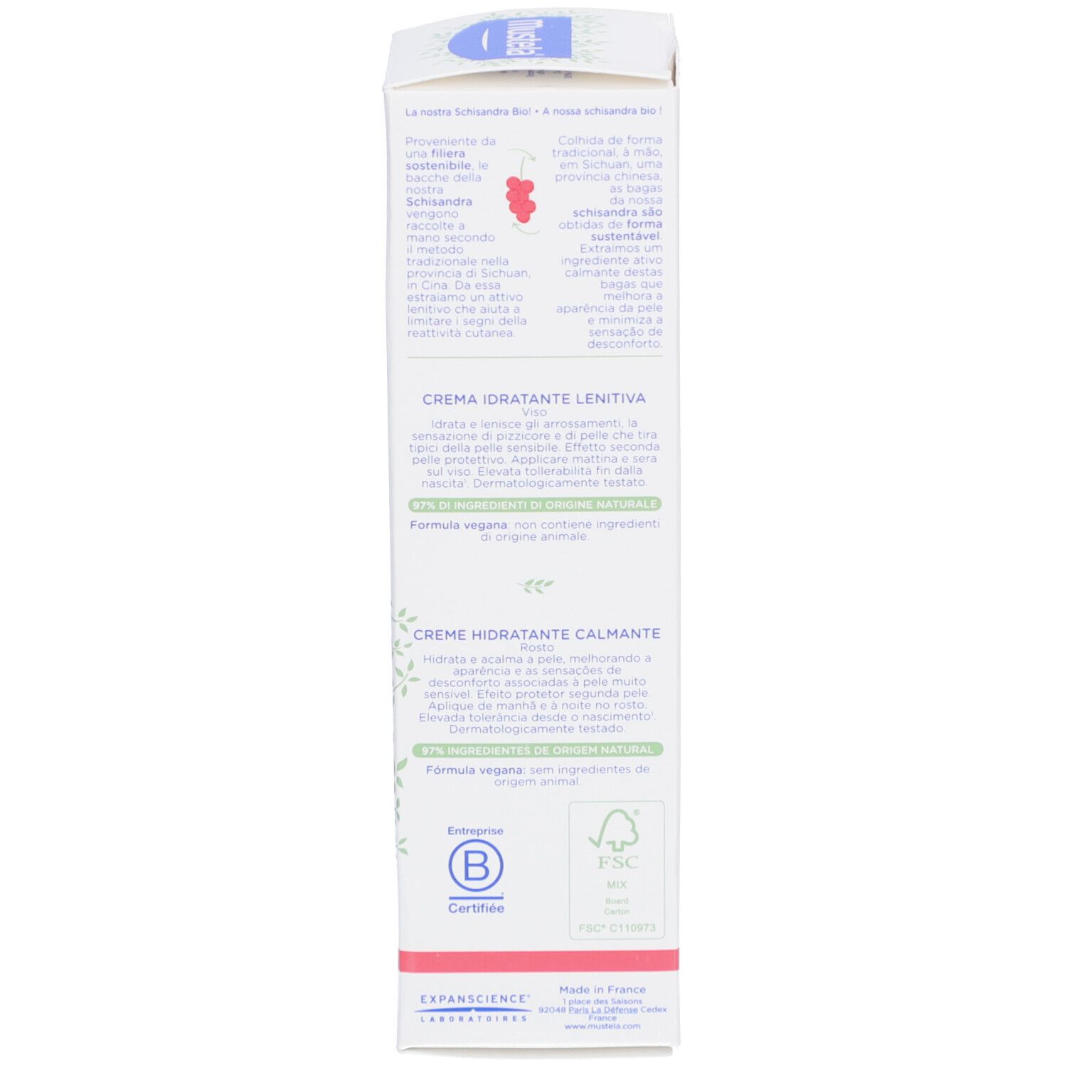 Rückseite eines weißen Kartons. Text in mehreren Sprachen. Enthält Informationen über die Creme. Vegan-Zertifizierung.