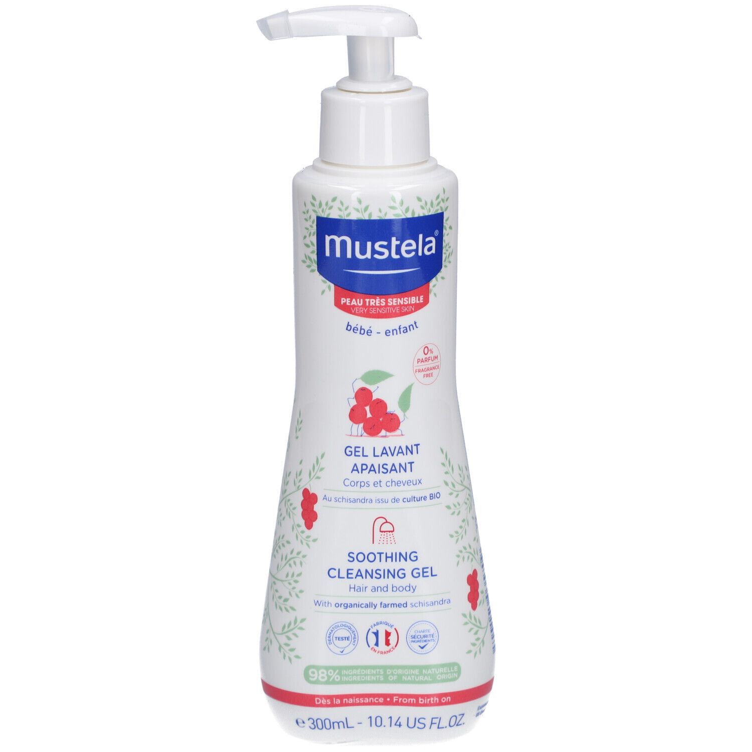 Weiße Flasche mit Pumpe. Aufschrift Mustela, Gel Lavant Apaisant, Soothing Cleansing Gel. Für Körper und Haare.