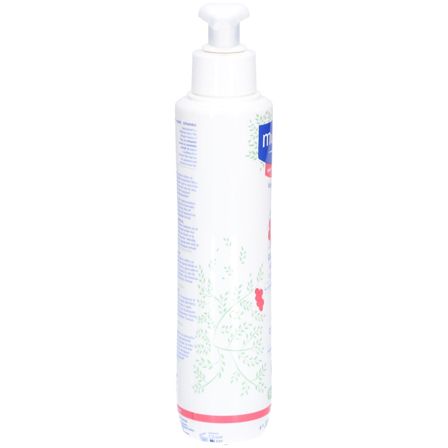 Weiße Flasche mit Pumpe. Seitliche Ansicht mit Text und floralem Muster. Produktname und Informationen.