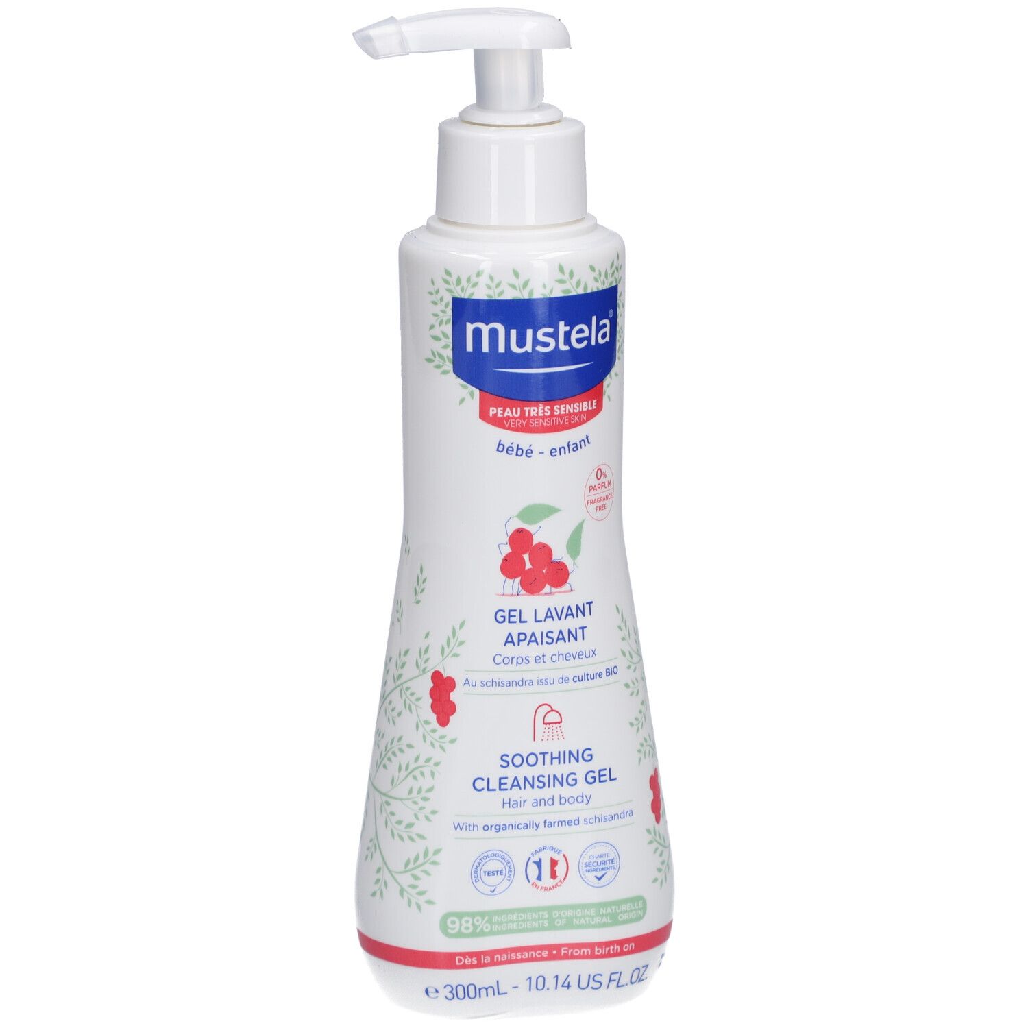 Weiße Flasche mit Pumpe. Aufschrift Mustela, Gel Lavant Apaisant, Soothing Cleansing Gel. Für Körper und Haare.