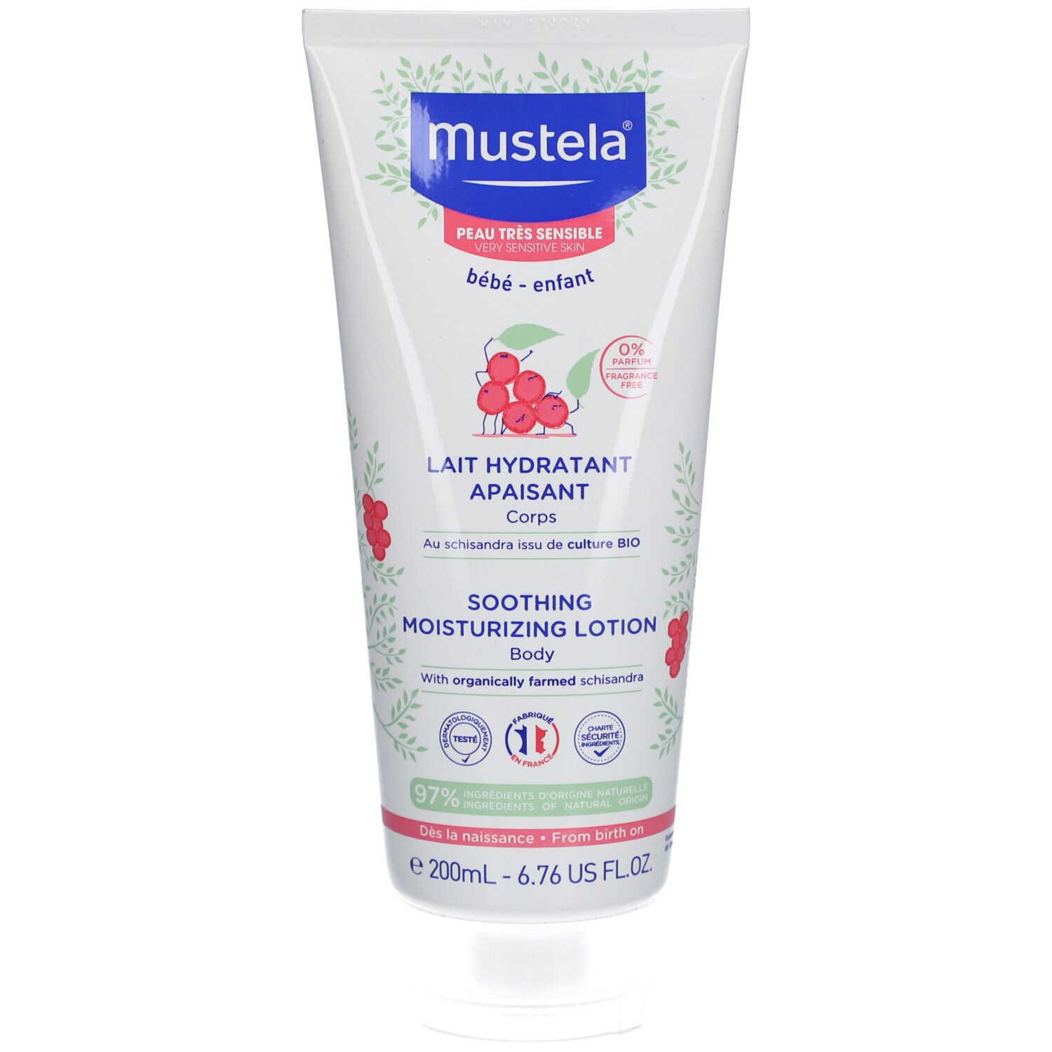 Weiße Tube mit blauem Deckel. Aufschrift: Mustela, Lait Hydratant Apaisant, 97% Inhaltsstoffe natürlichen Ursprungs.