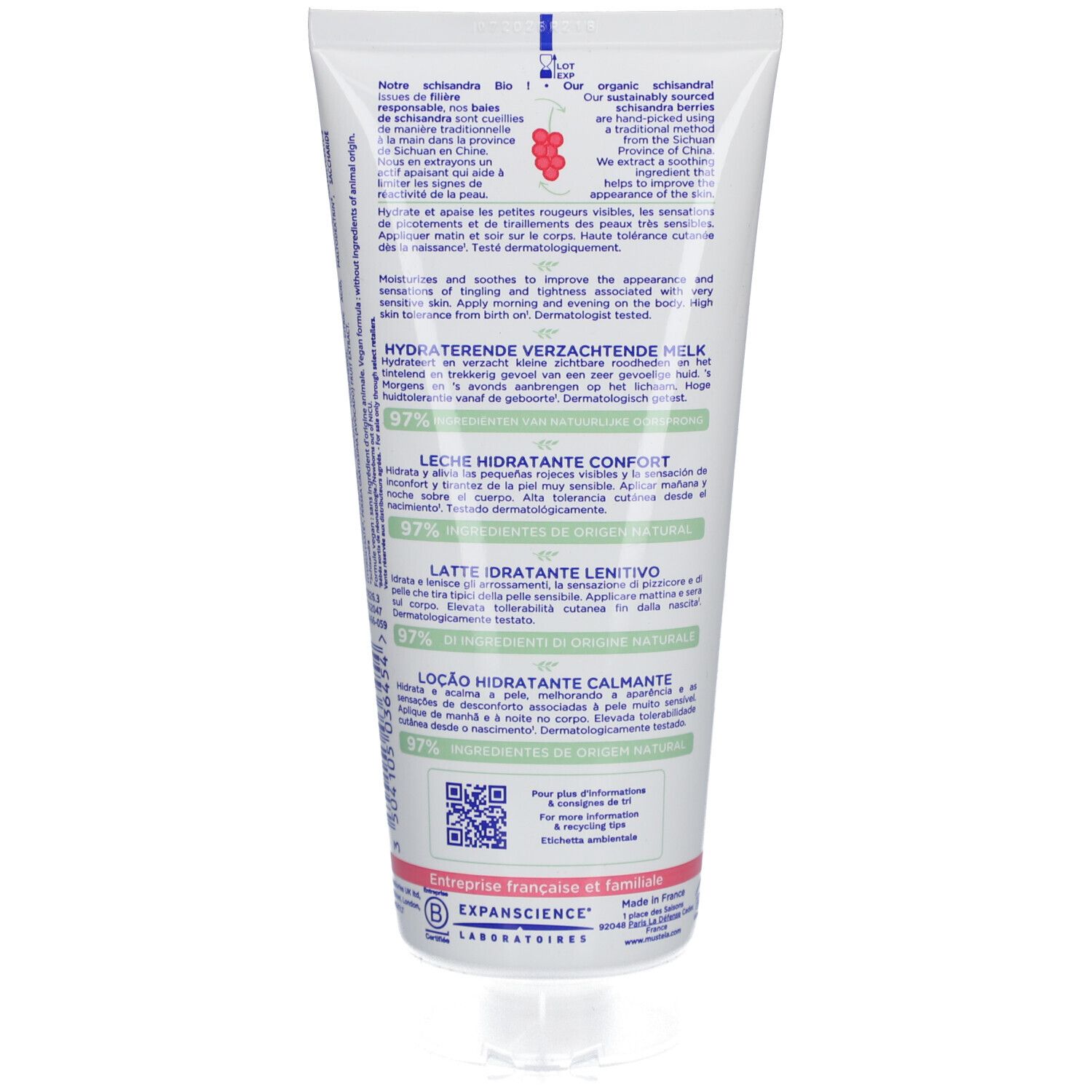 Rückseite der Tube. Text in mehreren Sprachen. Enthält Informationen über Inhaltsstoffe und Anwendung.