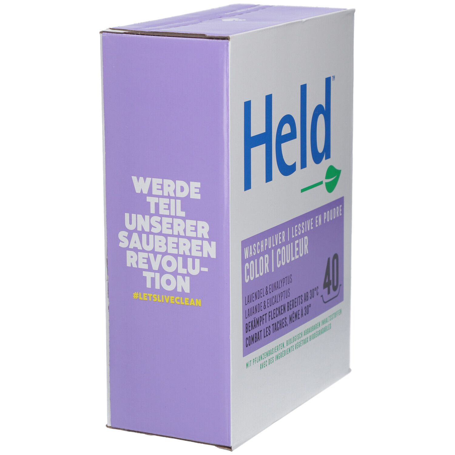 Karton in Weiß und Lila. "Held" Logo. Waschpulver-Bezeichnung. 40 Waschladungen. Lavendel & Eukalyptus. Text in Deutsch und Französisch.