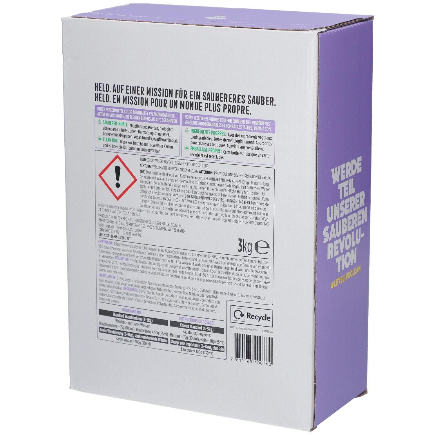 Rückseite des Waschpulver-Kartons. Text in Deutsch. Inhaltsstoffe, Warnhinweise, Kontaktinformationen. 3kg e. Recycling-Symbol.