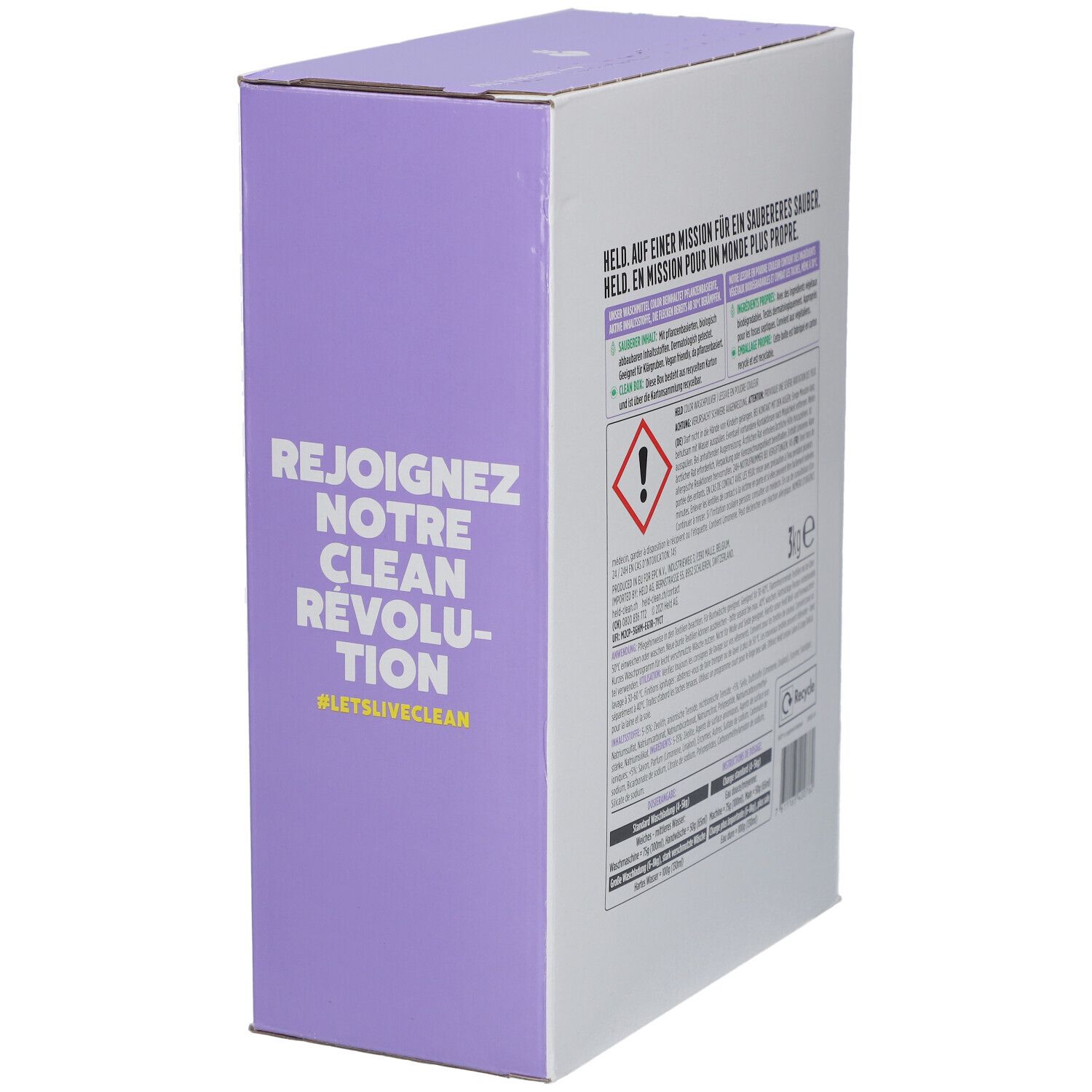 Rückseite des Waschpulver-Kartons. Text in Deutsch. Warnhinweis-Symbol. 3kg e. Recycling-Symbol. Lila und weiße Farbgebung.