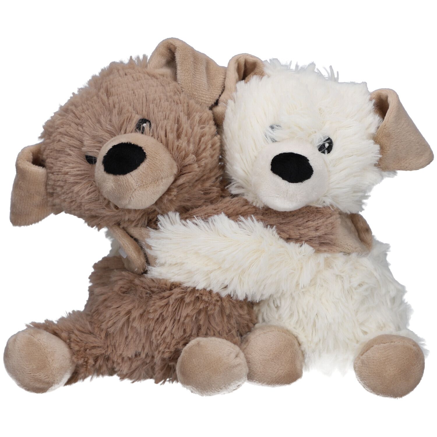 Deux chiens en peluche, marron et blanc, s'embrassent. Yeux et nez noirs. Oreilles et pattes beiges.