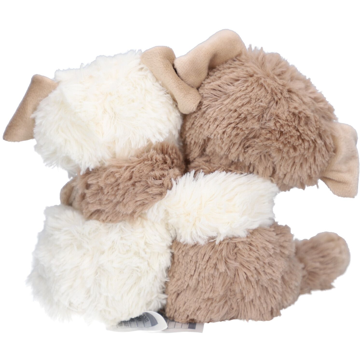 Vue arrière de deux chiens en peluche, marron et blanc, s'embrassant. Oreilles et pattes beiges.