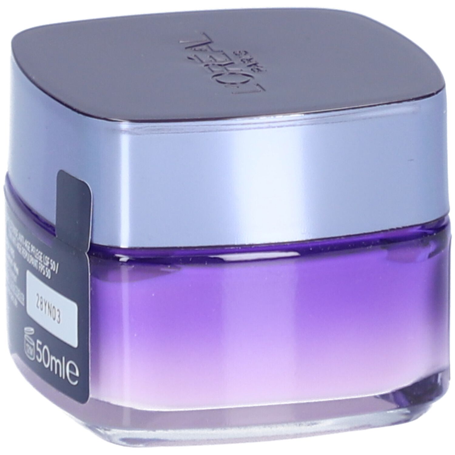 Creme-Tiegel mit silbernem Deckel. Aufkleber mit Text: Anti-Age Pflege LSF 50, 50ml, 12M.