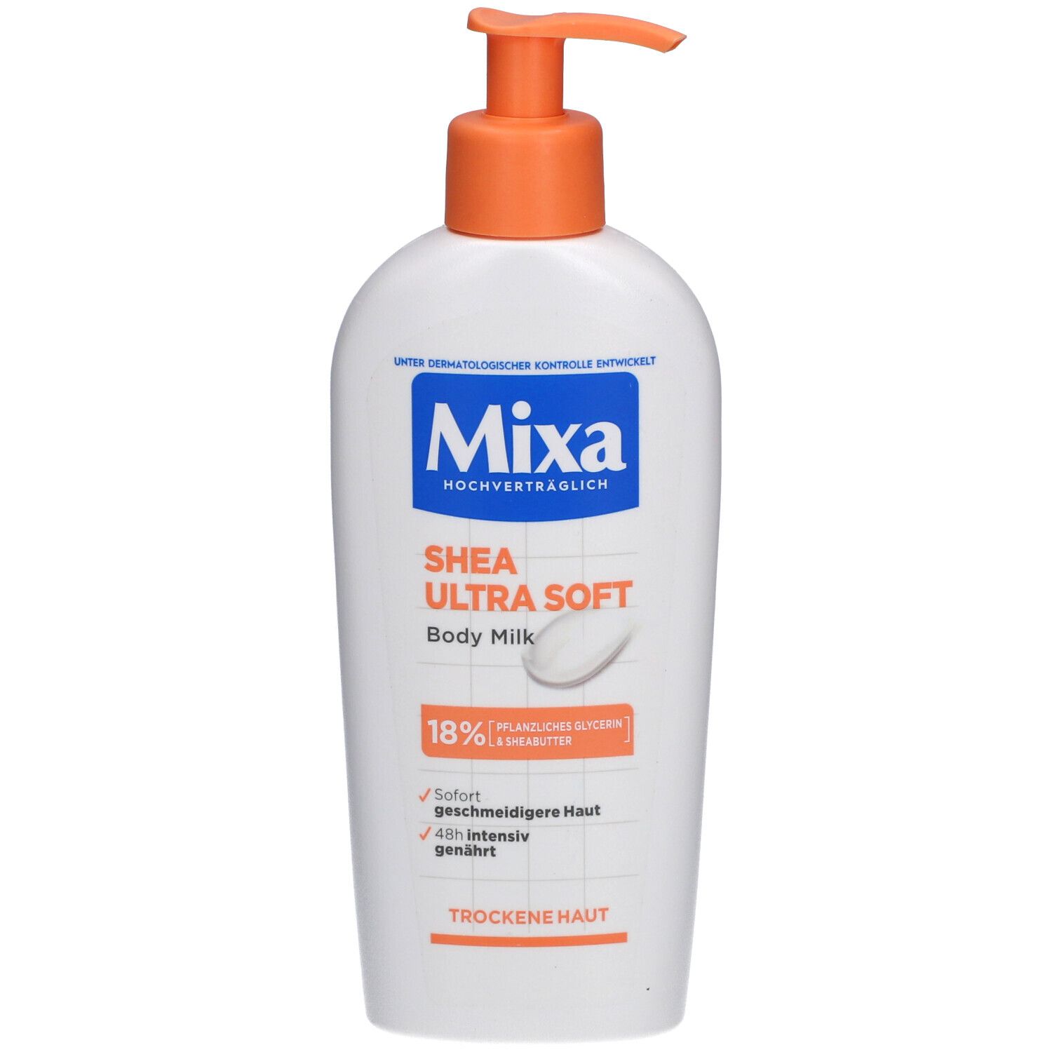 Flacon blanc avec pompe orange. Inscription: Mixa, Shea Ultra Soft Body Milk, 18% glycérine végétale.