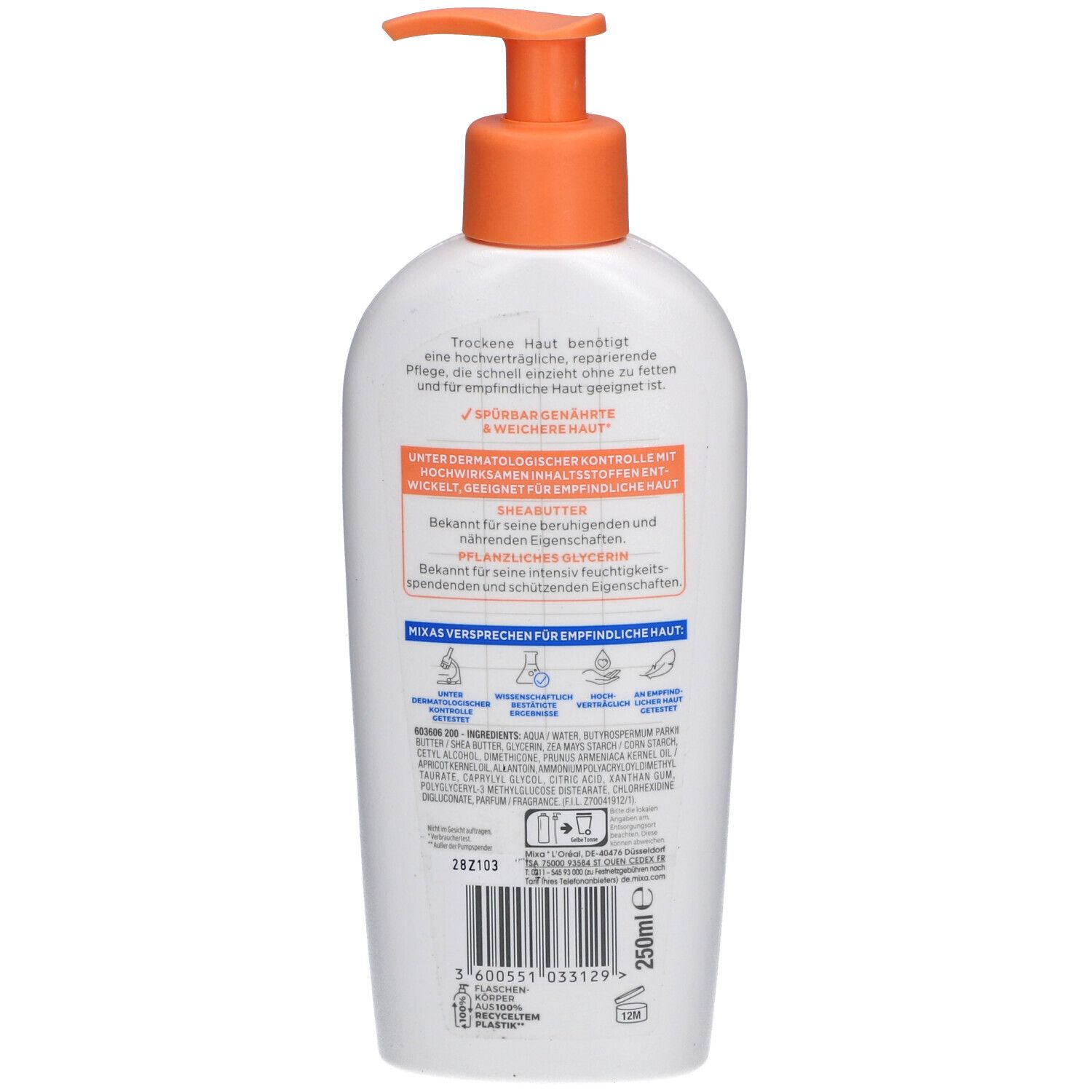 Dos du flacon blanc avec pompe orange. Texte et ingrédients. 250ml.