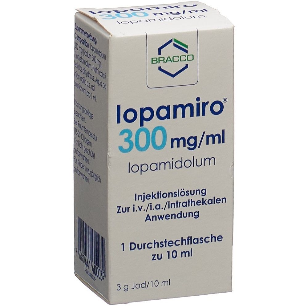 Kartonverpackung mit Produktbezeichnung und Logo. Aufschrift: Iopamiro 300 mg/ml. Farbgebung: Weiß, Blau und Grau.