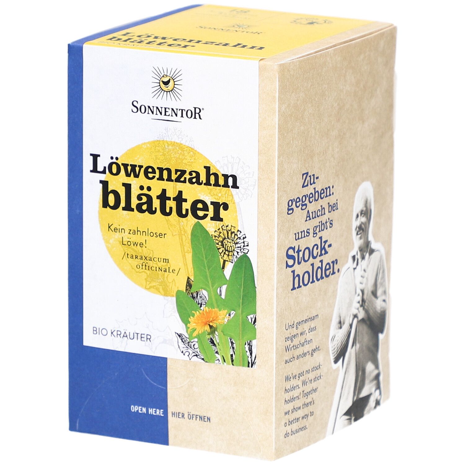 Karton mit SONNENTOR Löwenzahnblätter Tee. Vorderseite mit Produktname, Logo und Illustrationen.