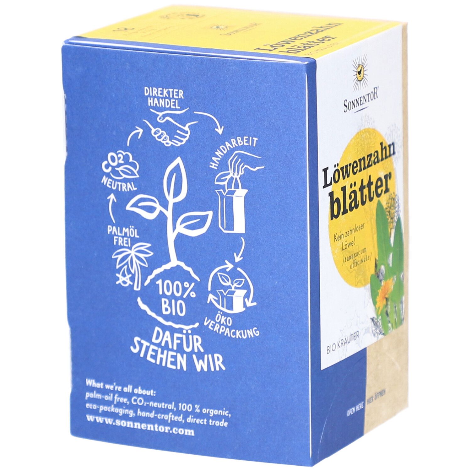 Blaue Seite der Teebox mit Logos und Text: 100% BIO, Öko Verpackung, Palmöl frei.