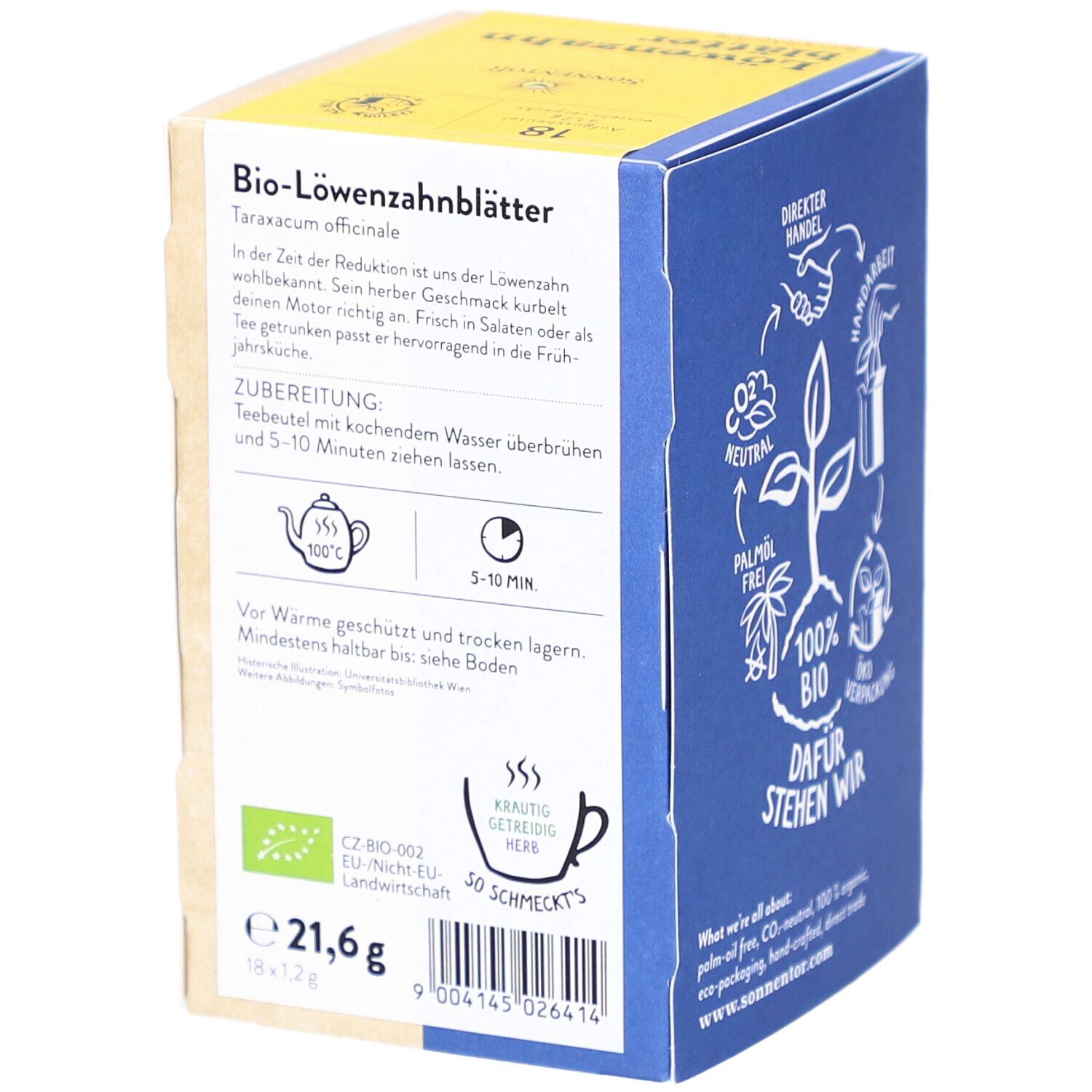 Rückseite der Teebox mit Zubereitungshinweisen, Inhaltsangabe und Bio-Siegel.