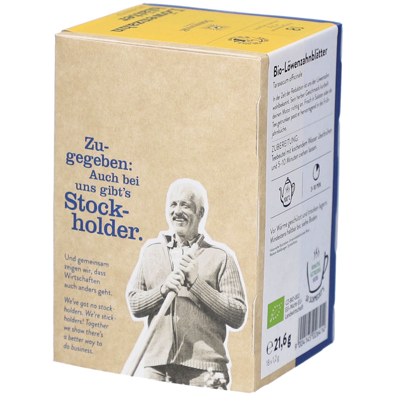 Teebox mit Text und Bild eines Mannes. Aufschrift: Zu-gegeben: Auch bei uns gibt's Stockholder.