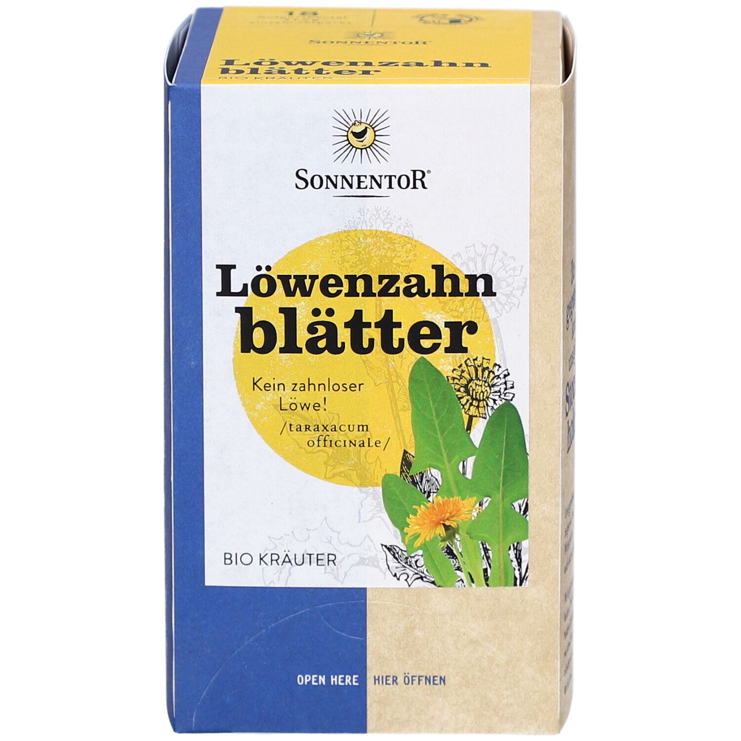 Vorderseite der Teebox mit Produktname, Logo und Illustrationen von Löwenzahnblättern.