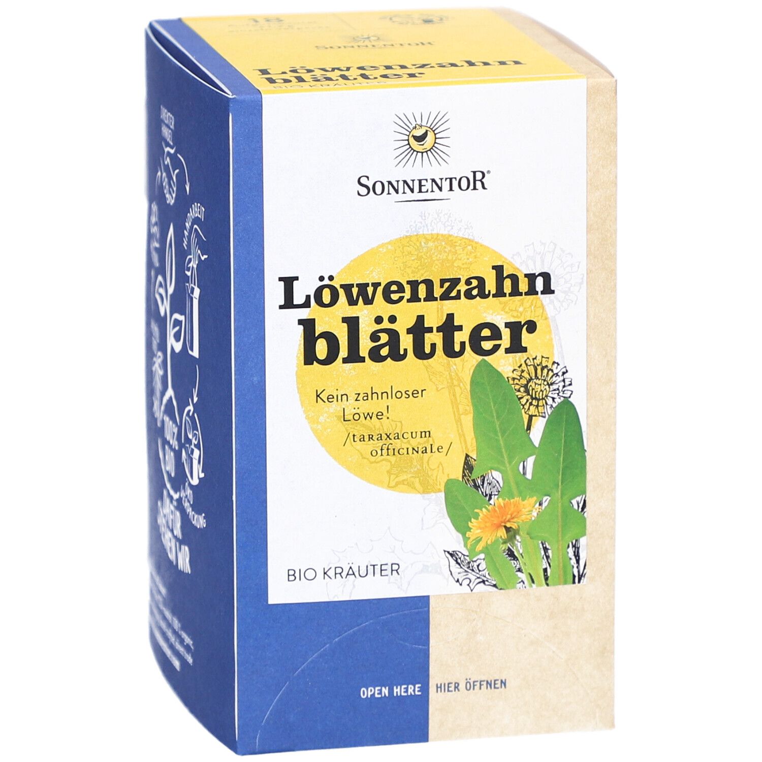 Vorderseite der Teebox mit Produktname, Logo und Illustrationen von Löwenzahnblättern.