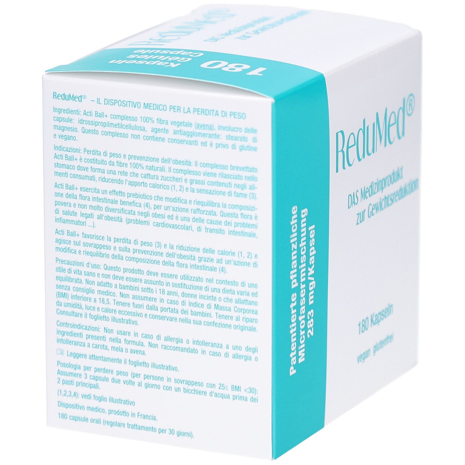 Weiße Schachtel mit blauem Akzent. Aufschrift: ReduMed, 180 Kapseln. Text in italienischer Sprache.