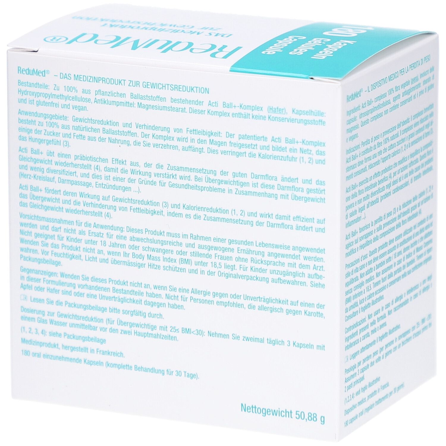 Weiße Schachtel mit blauem Akzent. Aufschrift: ReduMed, 180 Kapseln. Text in italienischer Sprache.