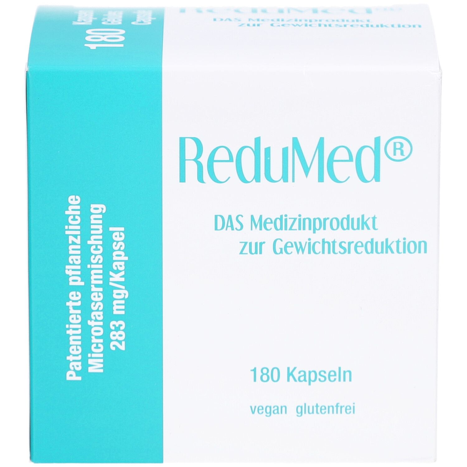 Weiße Schachtel mit blauem Akzent. Aufschrift: ReduMed, 180 Kapseln, vegan, glutenfrei. Enthält 283 mg/Kapsel.