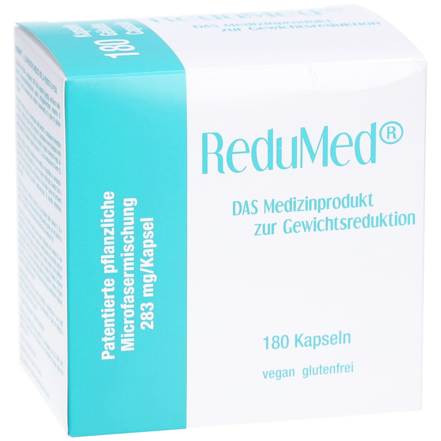 Weiße Schachtel mit blauem Akzent. Aufschrift: ReduMed, 180 Kapseln, vegan, glutenfrei. Enthält 283 mg/Kapsel.