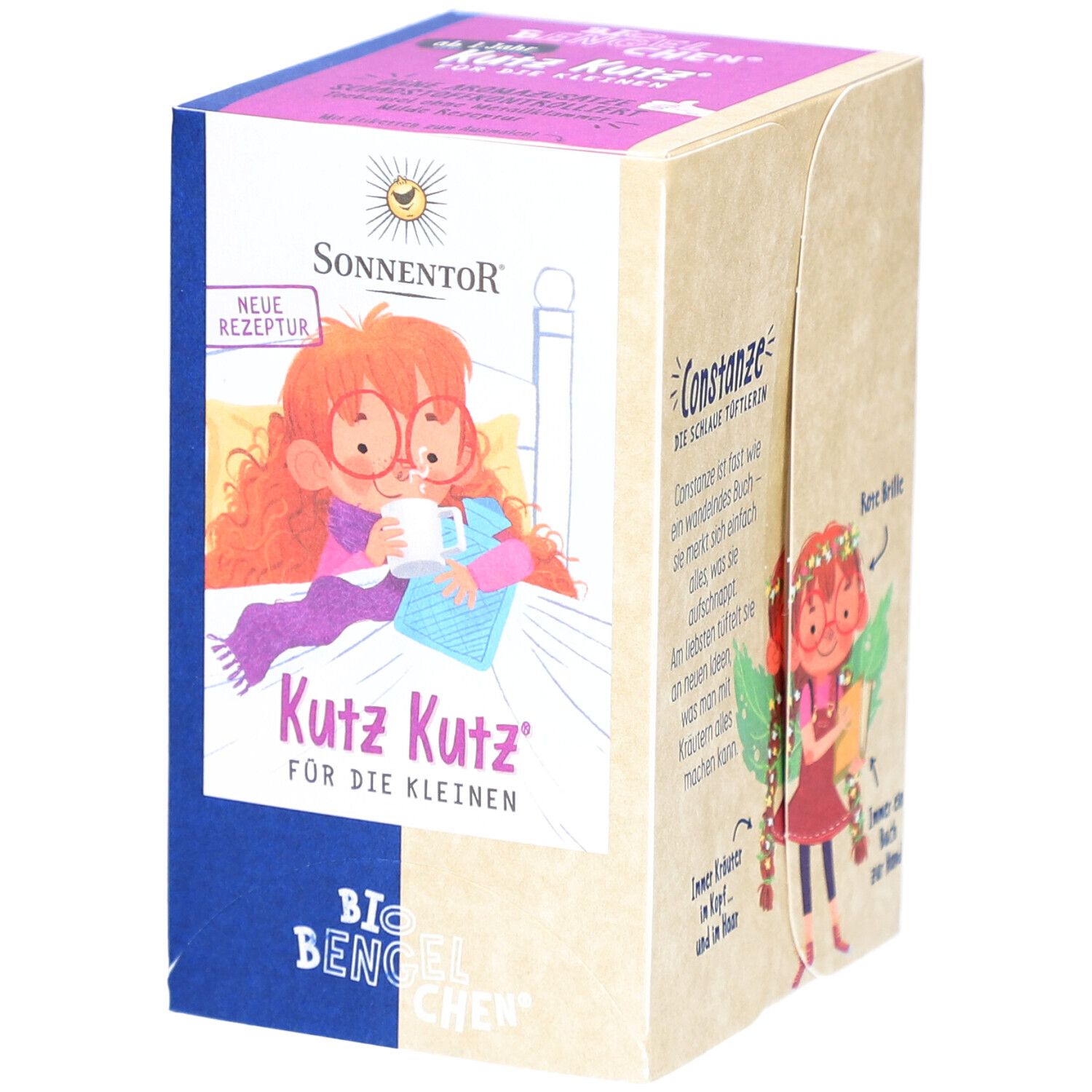 Boîte de thé SONNENTOR Bengelchen Kutz Kutz. Illustration d'une fille avec des lunettes et une tasse. Label BIO.