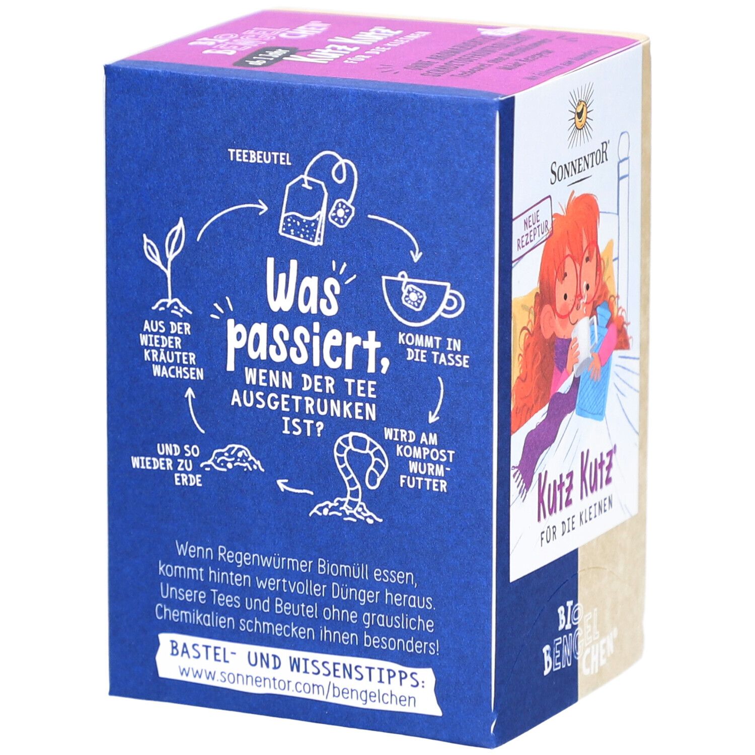 Dos de la boîte de thé. Diagramme du cycle du thé. Texte: Que se passe-t-il quand le thé est fini ? Label BIO.