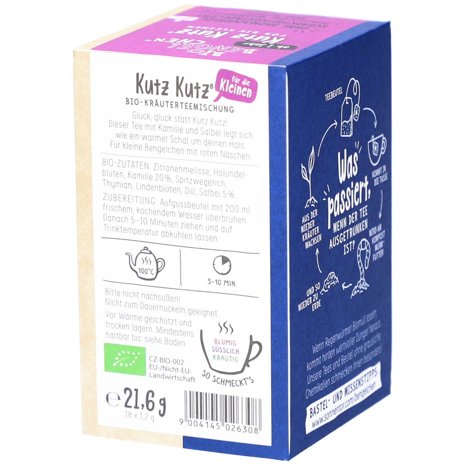 Boîte de thé avec liste des ingrédients et instructions de préparation. Mélange de tisane BIO Kutz Kutz. Label BIO. 21,6g.