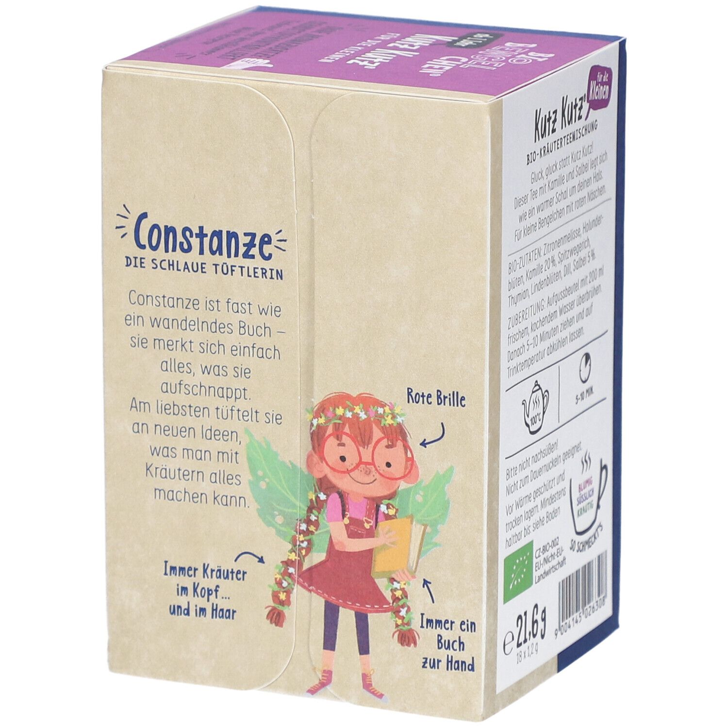 Côté de la boîte de thé avec illustration. Texte: Constanze, l'ingénieuse bricoleuse. Label BIO. 21,6g.