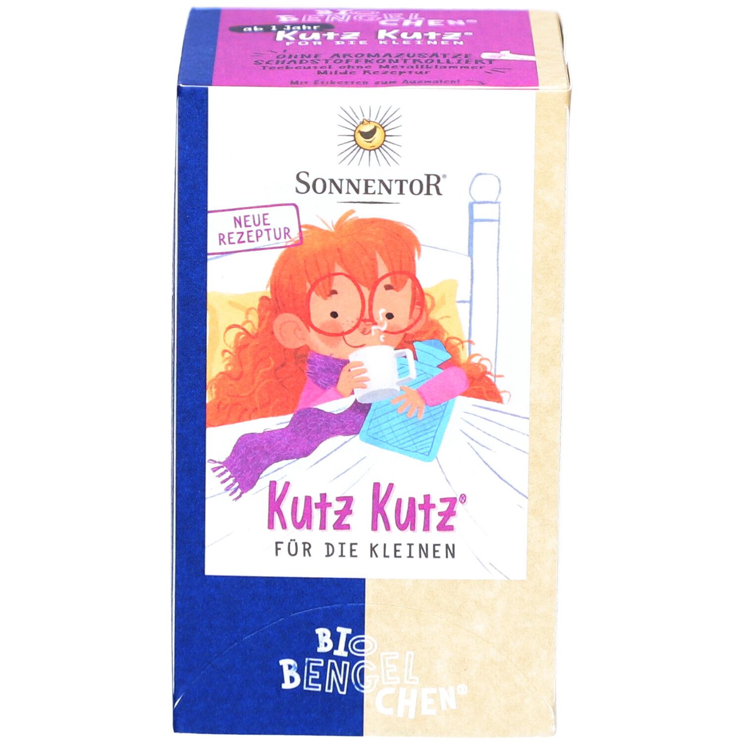 Face avant de la boîte de thé. SONNENTOR Kutz Kutz pour les petits. Illustration d'une fille avec une tasse. Nouvelle recette.