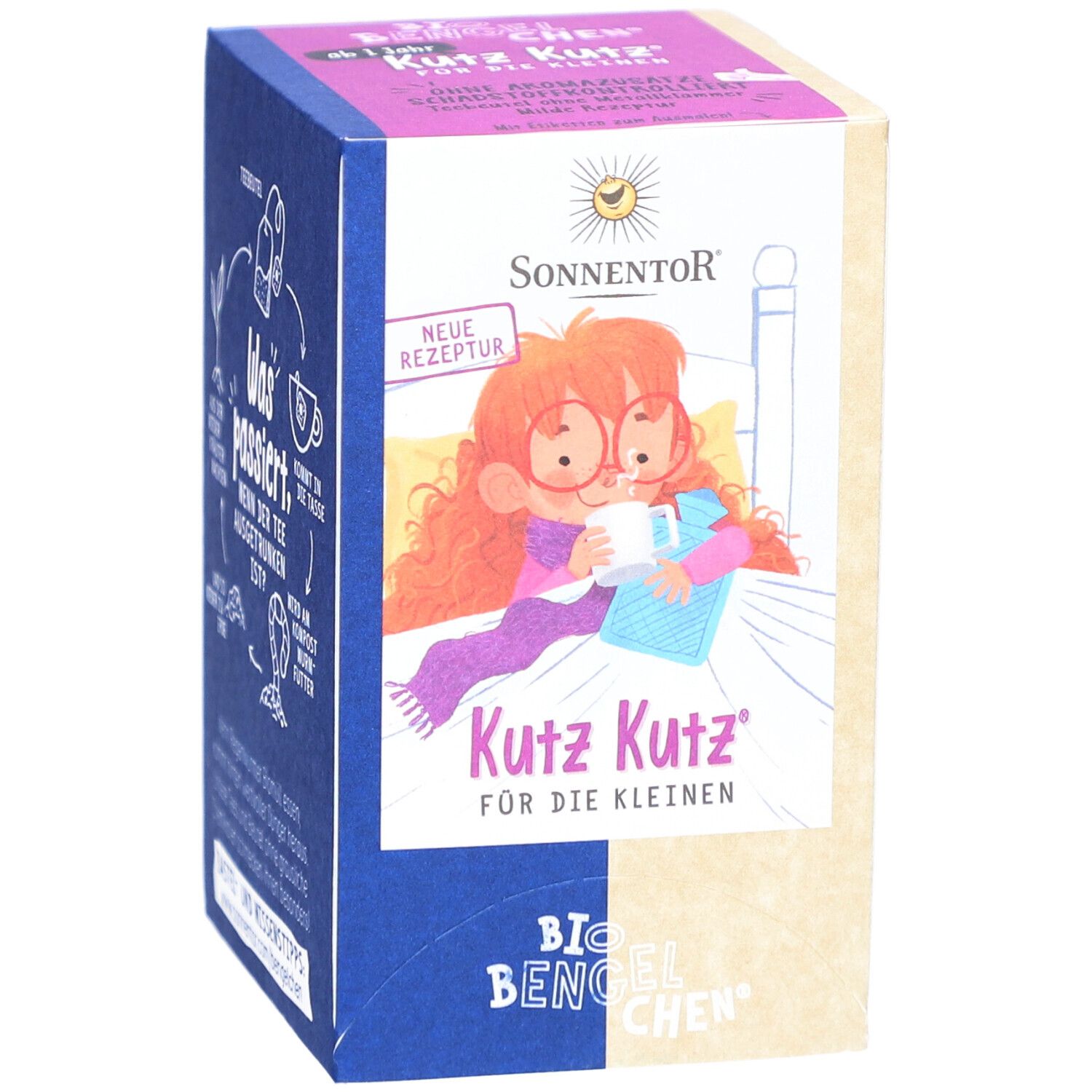 Face avant de la boîte de thé. SONNENTOR Kutz Kutz pour les petits. Illustration d'une fille avec une tasse. Nouvelle recette.