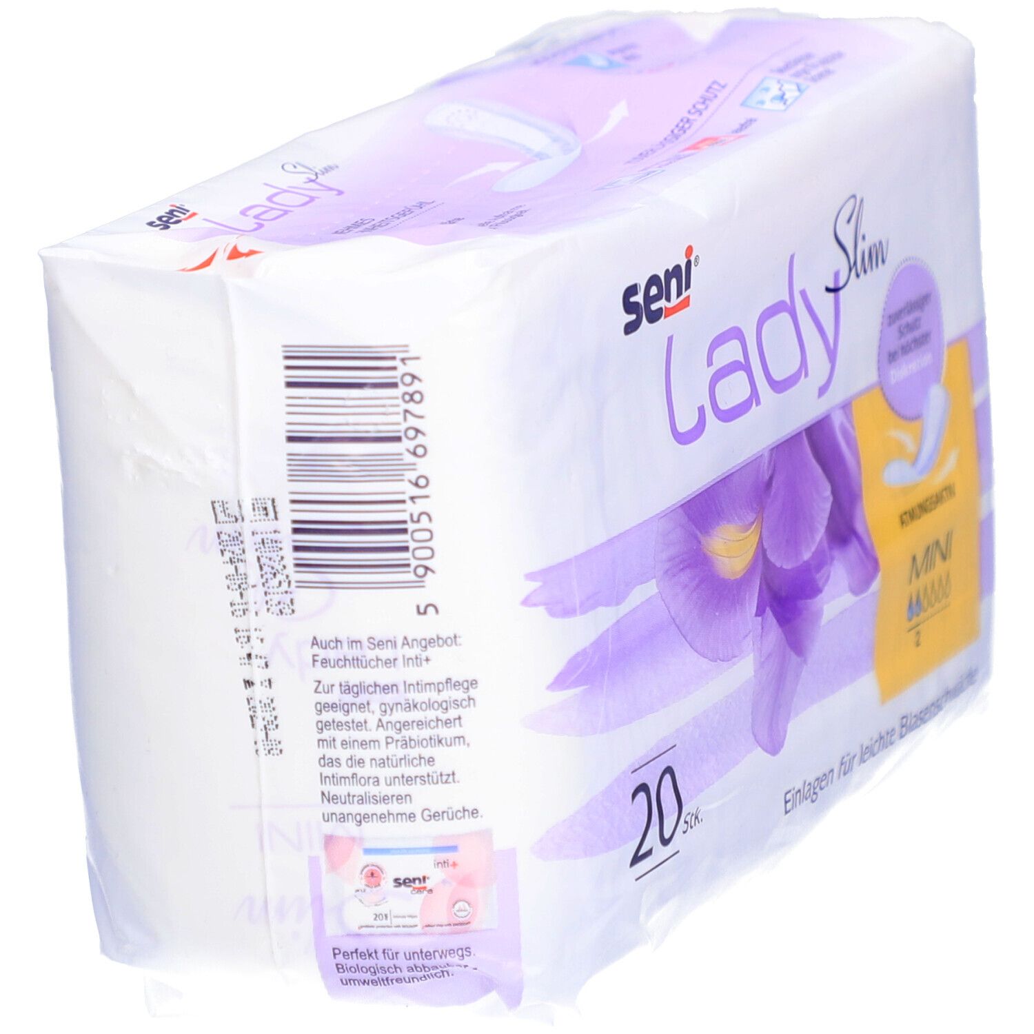 Verpackung von seni® Lady Slim Mini. 20 Stück. Aufdrucke: seni, Lady Slim, Mini, atmungsaktiv, Einlagen für leichte Blasenschwäche. Barcode.