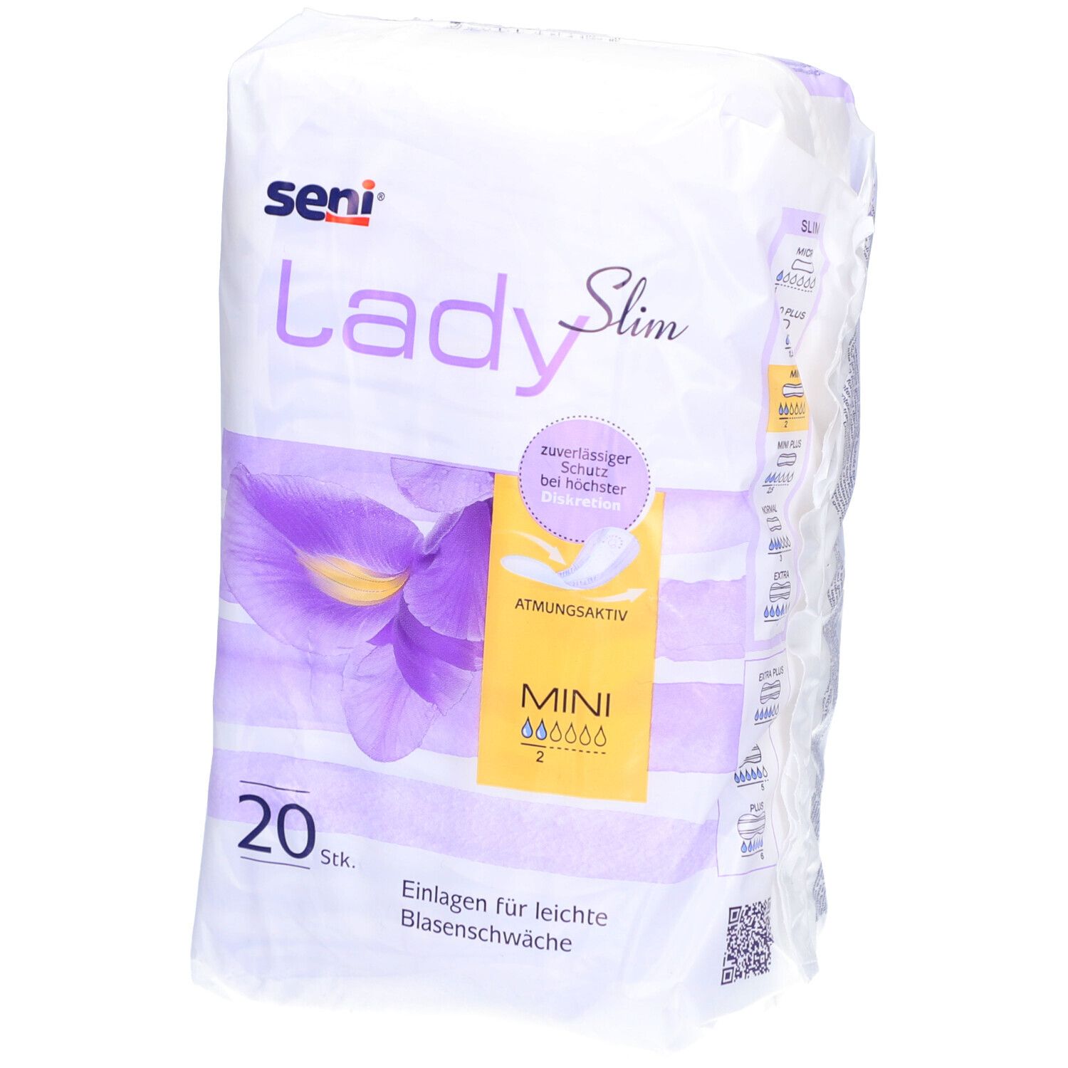 Verpackung von seni® Lady Slim Mini. 20 Stück. Aufdrucke: seni, Lady Slim, Mini, atmungsaktiv, Einlagen für leichte Blasenschwäche.