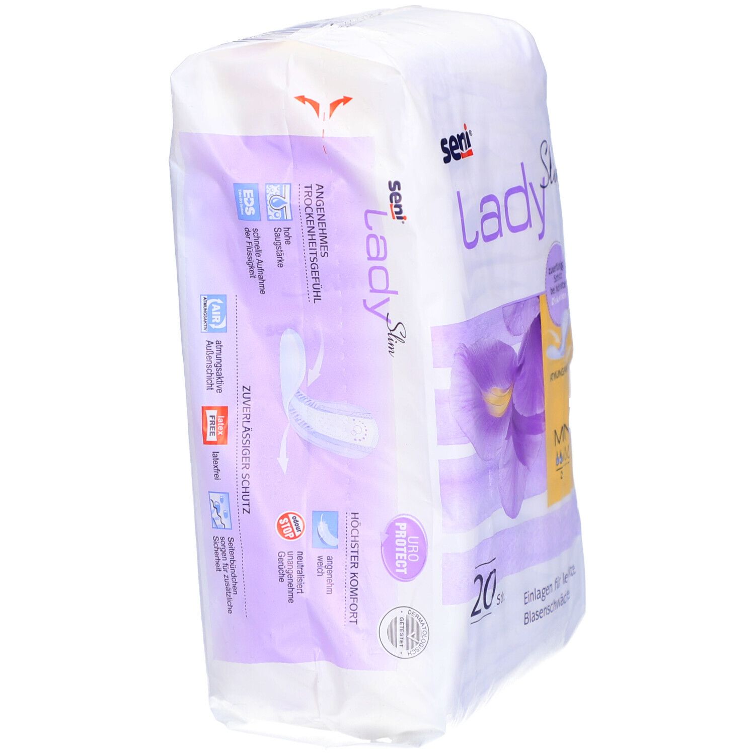 Verpackung von seni® Lady Slim Mini. 20 Stück. Aufdrucke: seni, Lady Slim, Mini, atmungsaktiv, Einlagen für leichte Blasenschwäche. Zusätzliche Piktogramme.