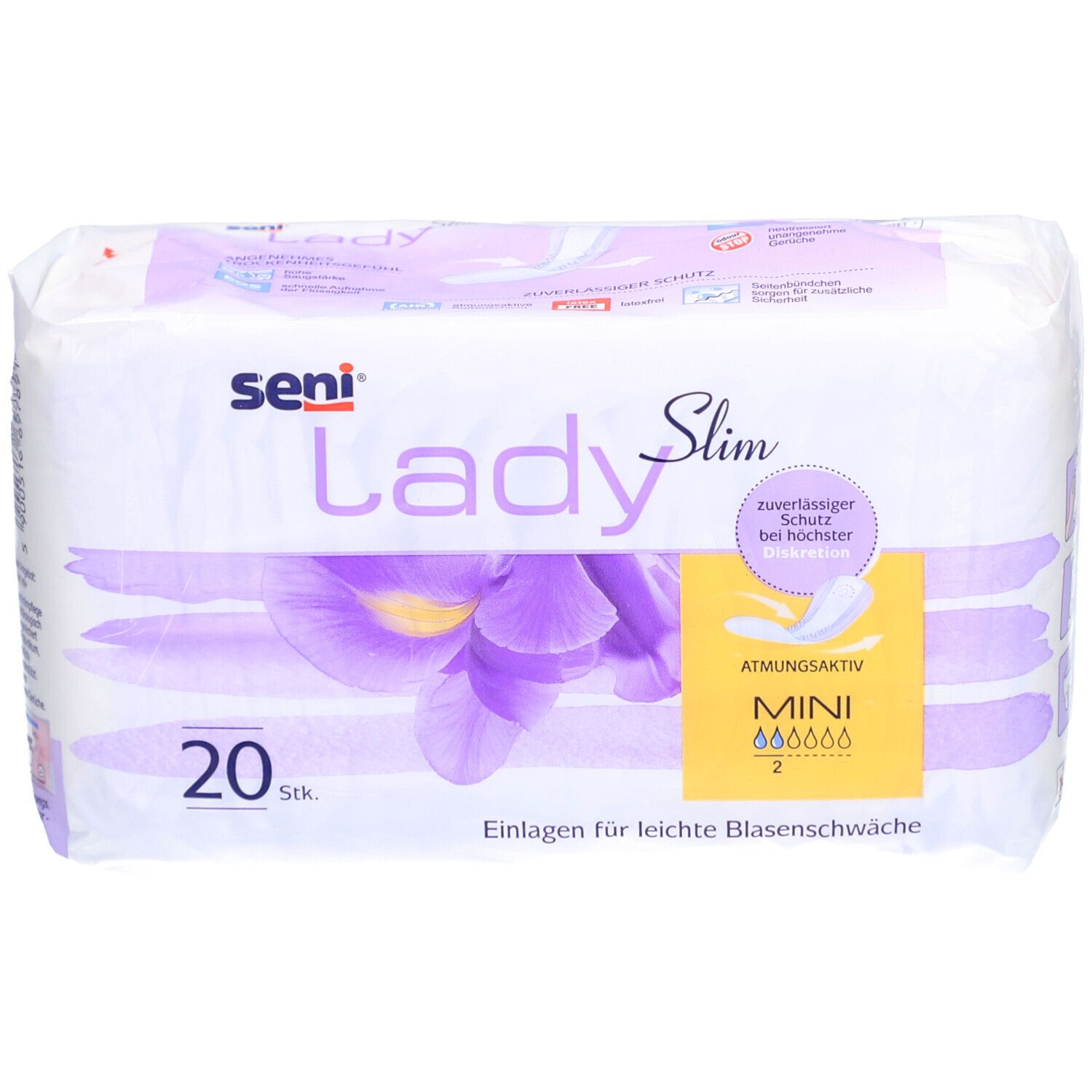 Verpackung von seni® Lady Slim Mini. 20 Stück. Aufdrucke: seni, Lady Slim, Mini, atmungsaktiv, Einlagen für leichte Blasenschwäche.